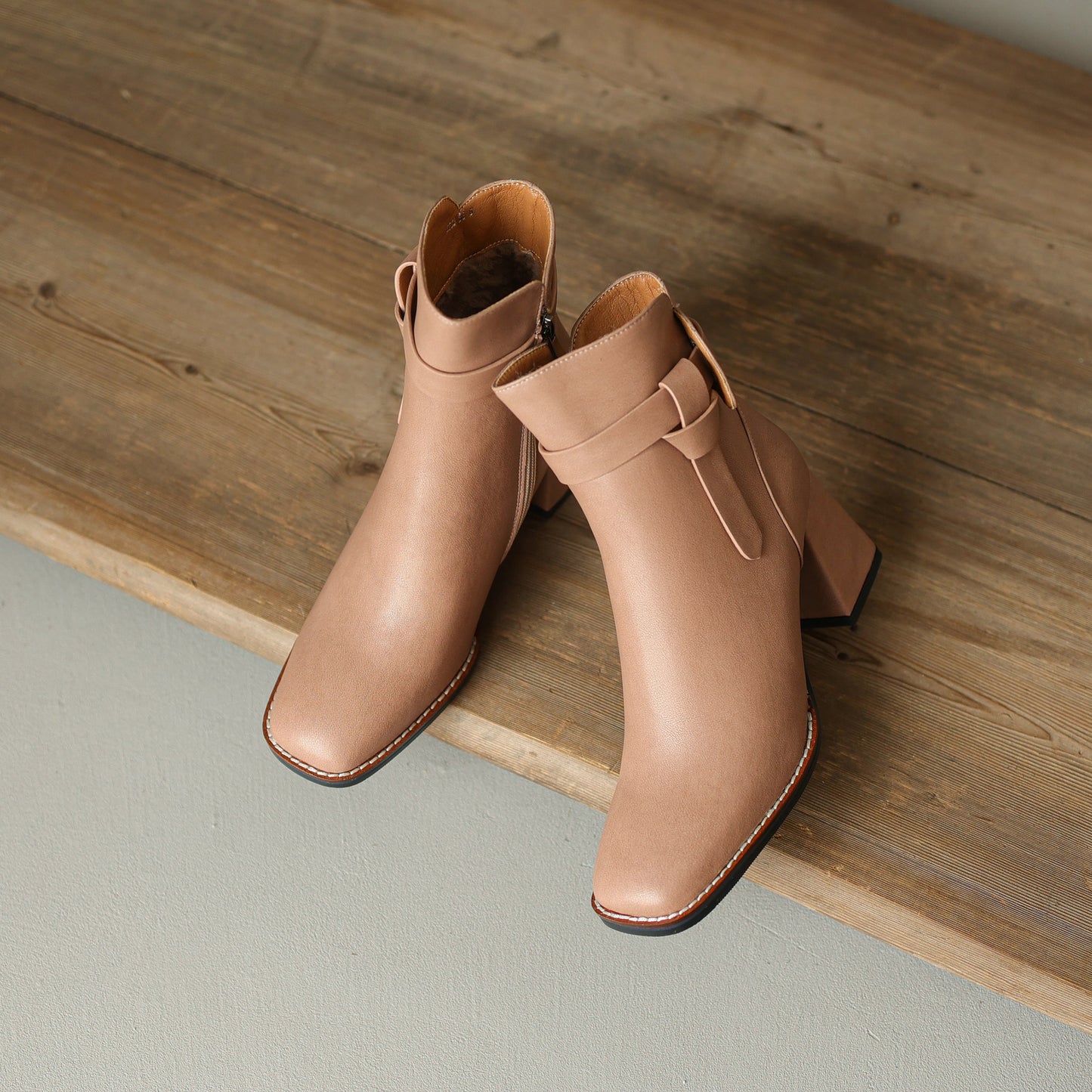 Nine Seven Women's Genuine Leather Handmade Buckle Belt Side Zip Up Square Toe Mid Block Heel Ankle Boots