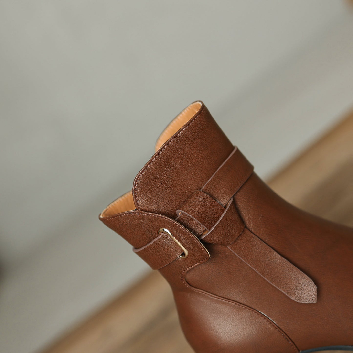 Nine Seven Women's Genuine Leather Handmade Buckle Belt Side Zip Up Square Toe Mid Block Heel Ankle Boots