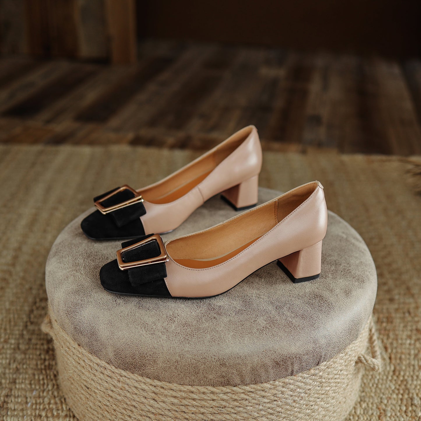 Nine Seven Women's Handmade Genuine Leather Chunky Heel Suede Square Toe Pumps Shoes