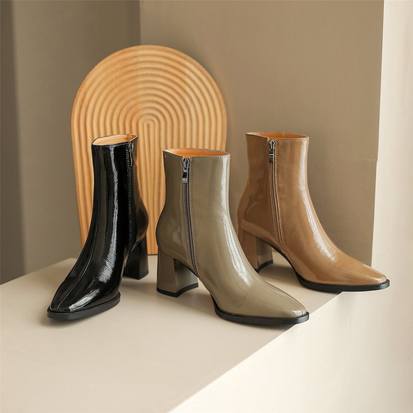 Nine Seven Women's Handmade Glossy Genuine Leather Pointed Toe Side Zipper Mid Block Heel Ankle Boots