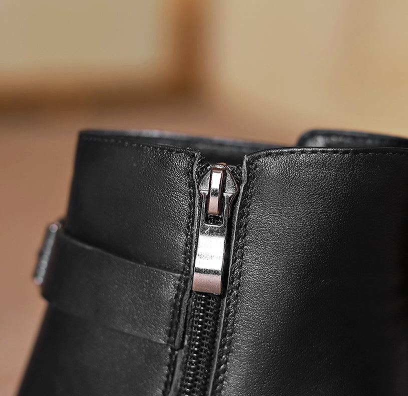 Nine Seven Women's Genuine Leather Square Toe Handmade Buckle Belt Side Zip Up Chic Ankle Boots with High Heel