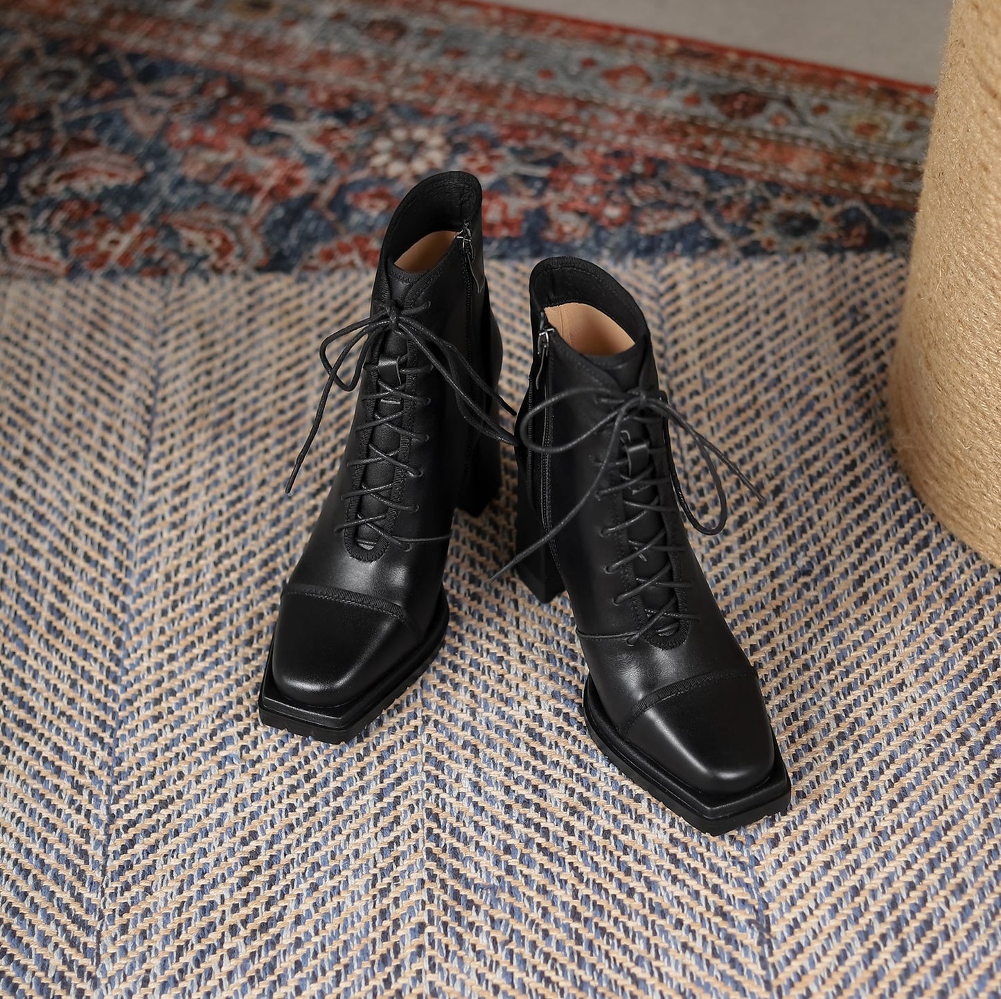 Nine Seven Handmade Women's Genuine Leather Platform Front Lace Up Side Zipper Square Toe High Block Heel Ankle Boots