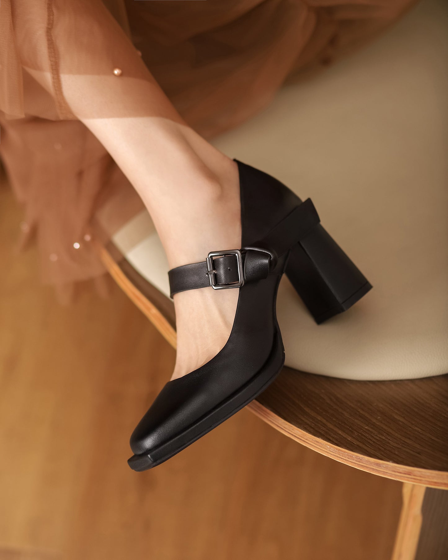 Nine Seven Women's Square Toe Genuine Leather Handmade Buckle High Chunky Heels Trendy Pumps Shoes