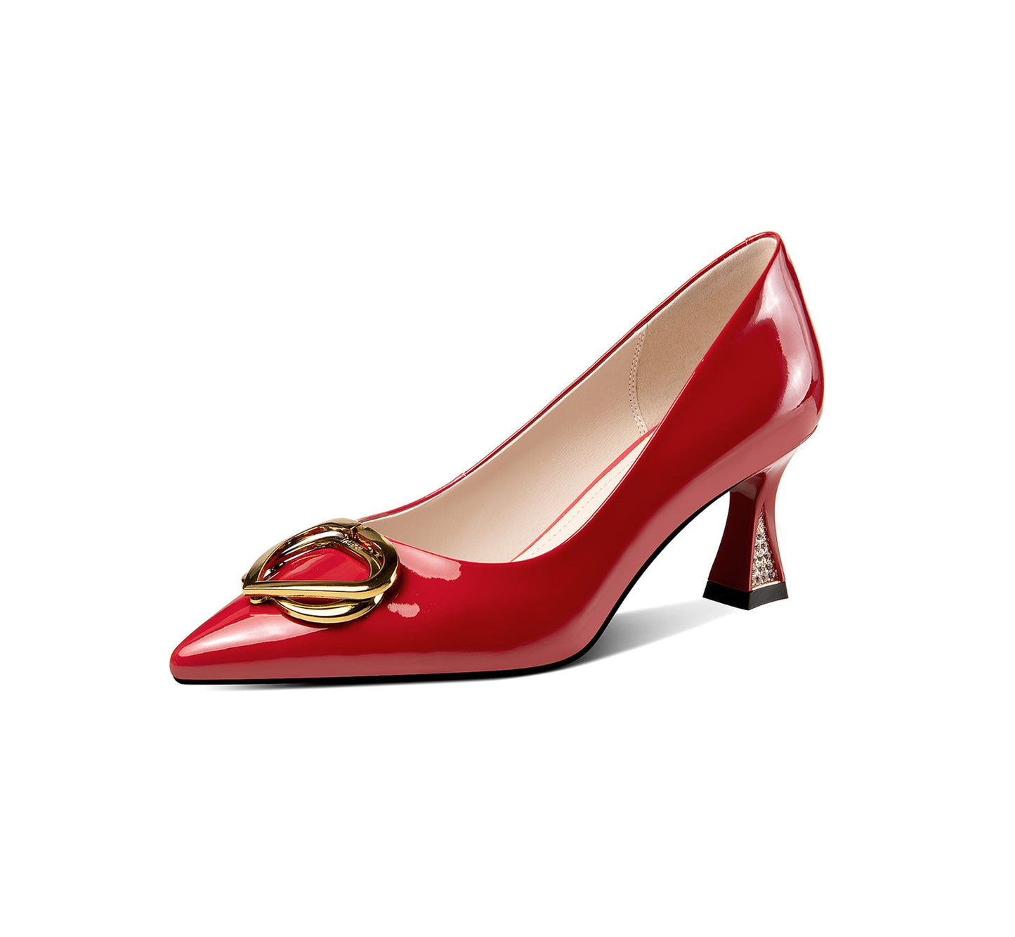 Nine Seven Glossy Patent Leather Women's Handmade Spool Heel Pointed Toe Pumps with Metal Heart
