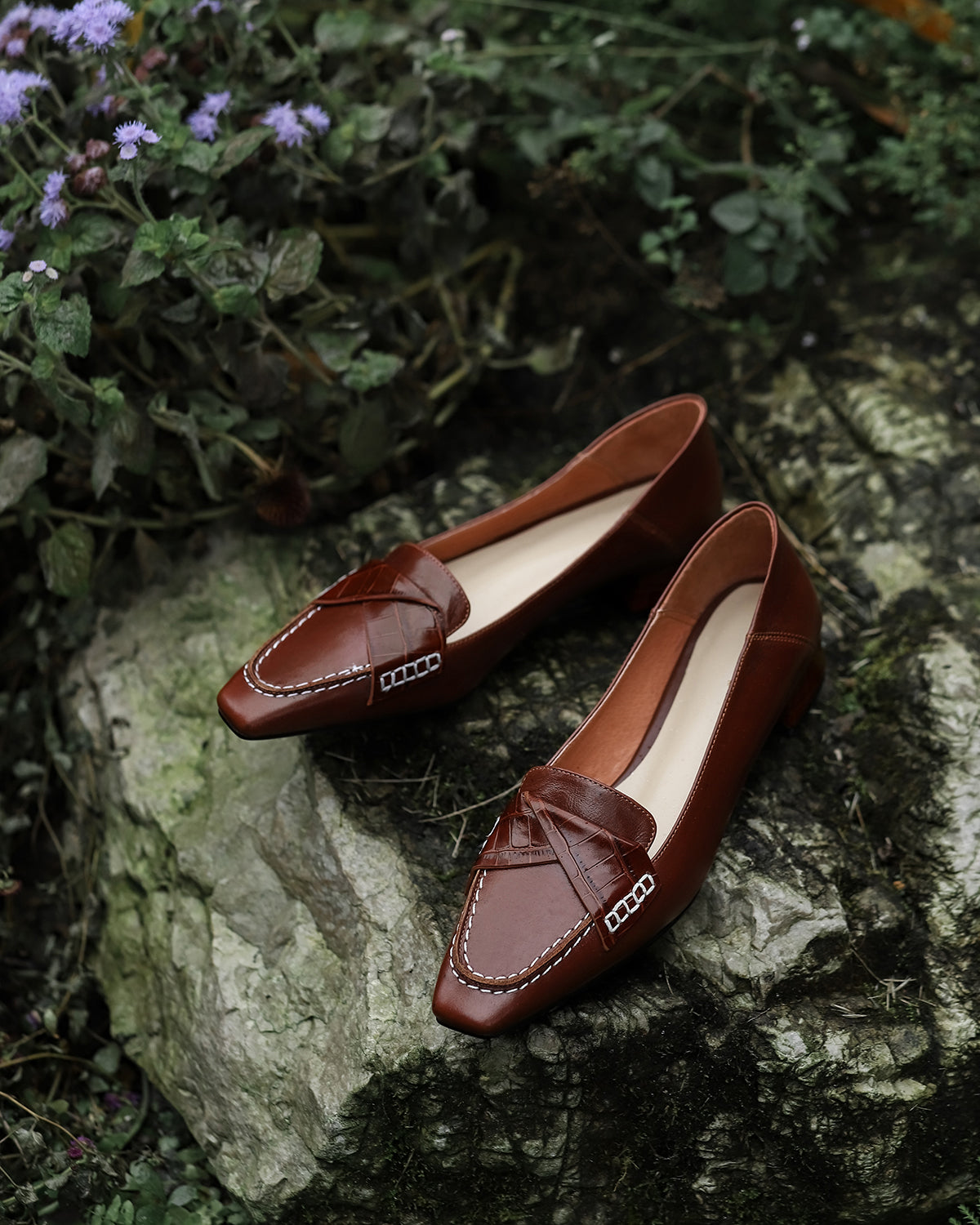 Nine Seven Genuine Leather Women's Handmade Square Toe Low Chunky Heel Classic Oxford Pump Shoes with Sewing Thread Decor