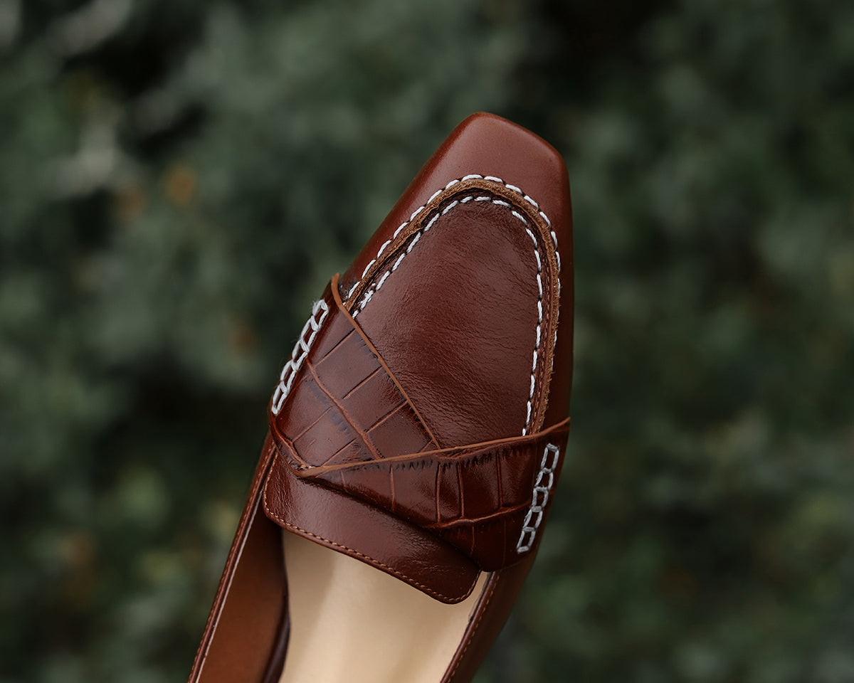 Nine Seven Genuine Leather Women's Handmade Square Toe Low Chunky Heel Classic Oxford Pump Shoes with Sewing Thread Decor