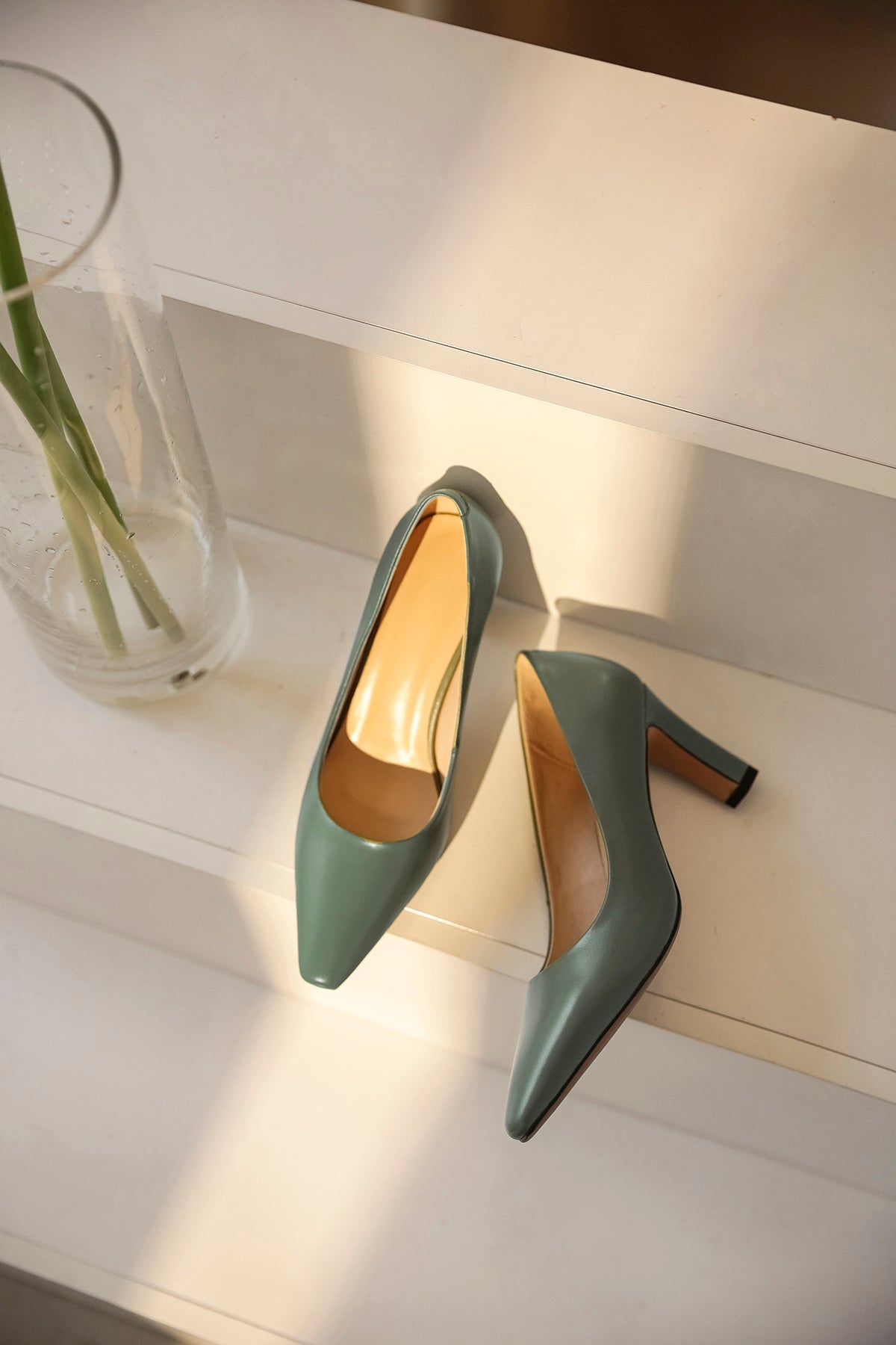 Nine Seven Genuine Leather Women's Handmade Closed Pointed Toe High Chunky Heel Slip On Loafer Pump Shoes