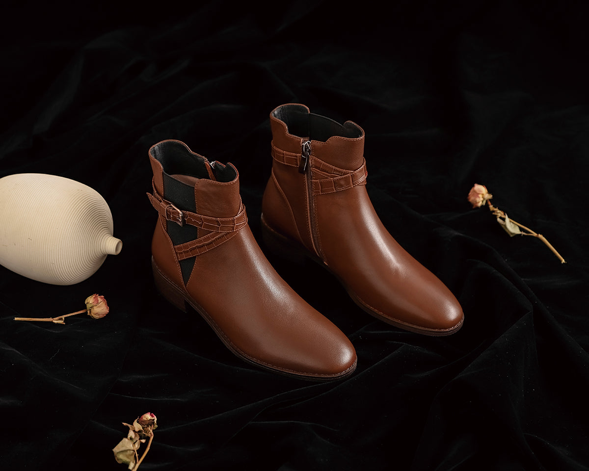 Nine Seven Women's Genuine Leather Round Toe Handmade Zipper Low Chunky Heels Retro Ankle Boots with Buckle