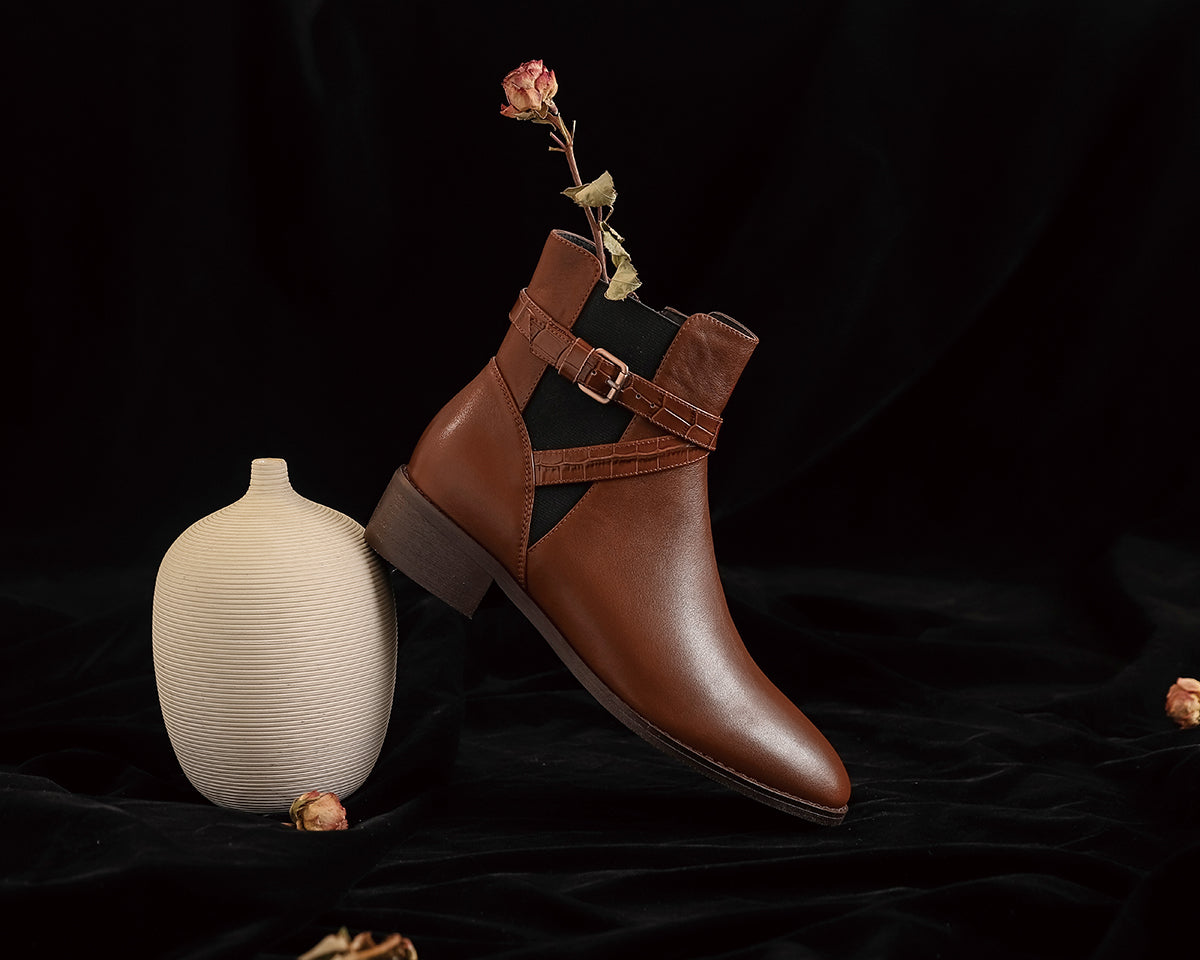 Nine Seven Women's Genuine Leather Round Toe Handmade Zipper Low Chunky Heels Retro Ankle Boots with Buckle