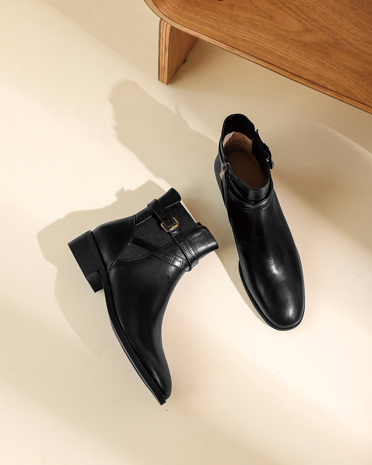 Nine Seven Women's Genuine Leather Round Toe Handmade Zipper Low Chunky Heels Retro Ankle Boots with Buckle