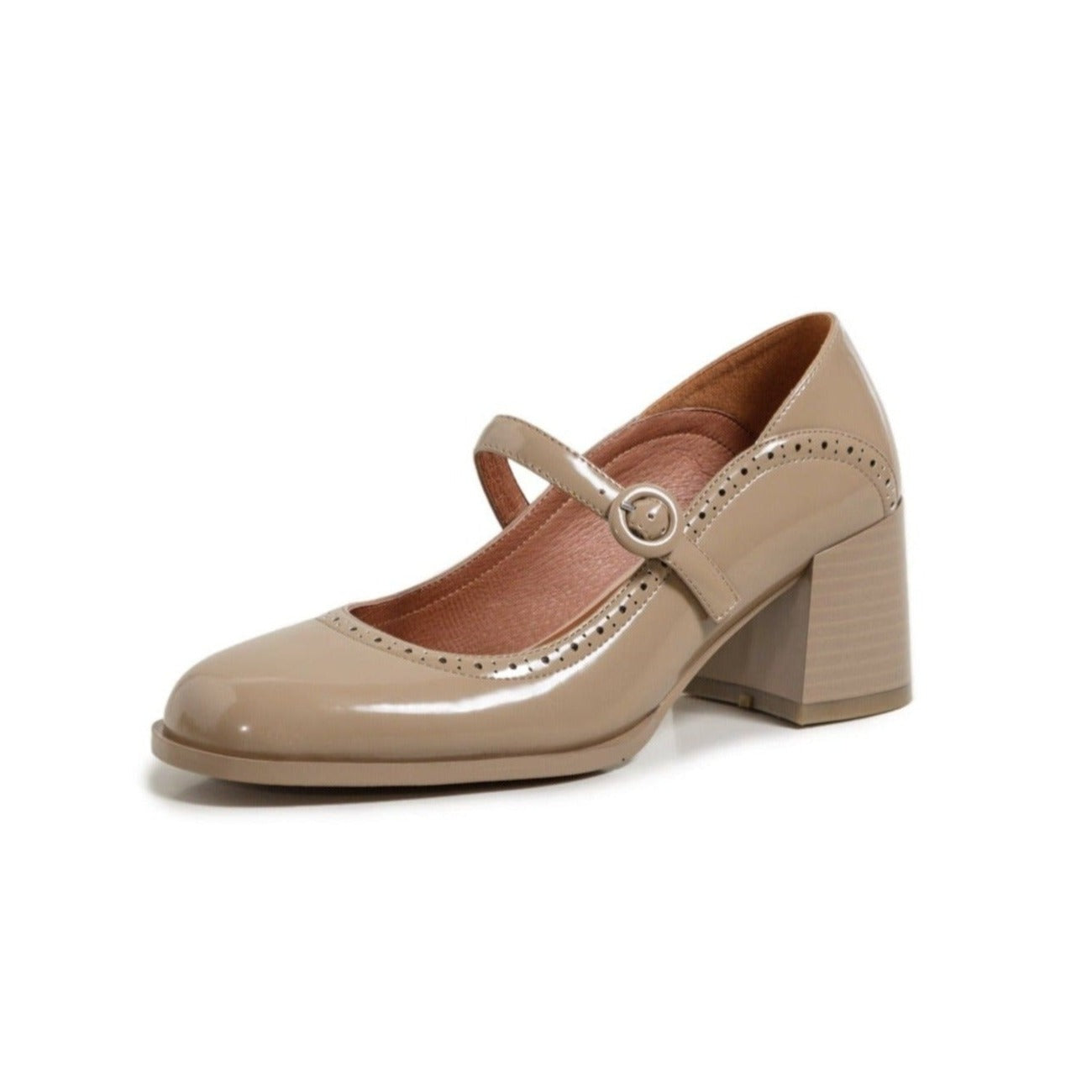 Nine Seven Glossy Genuine Leather Women's Handmade Round Toe Mid Block Heel Buckle Cute Mar Jane Pump Shoes