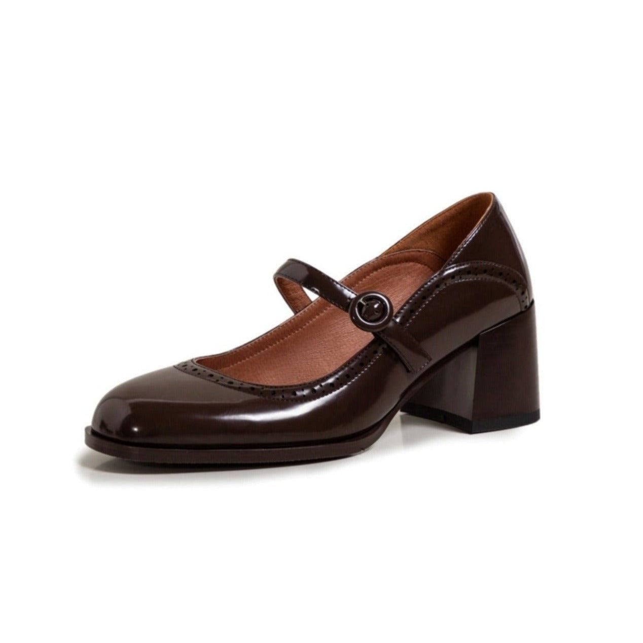 Nine Seven Glossy Genuine Leather Women's Handmade Round Toe Mid Block Heel Buckle Cute Mar Jane Pump Shoes