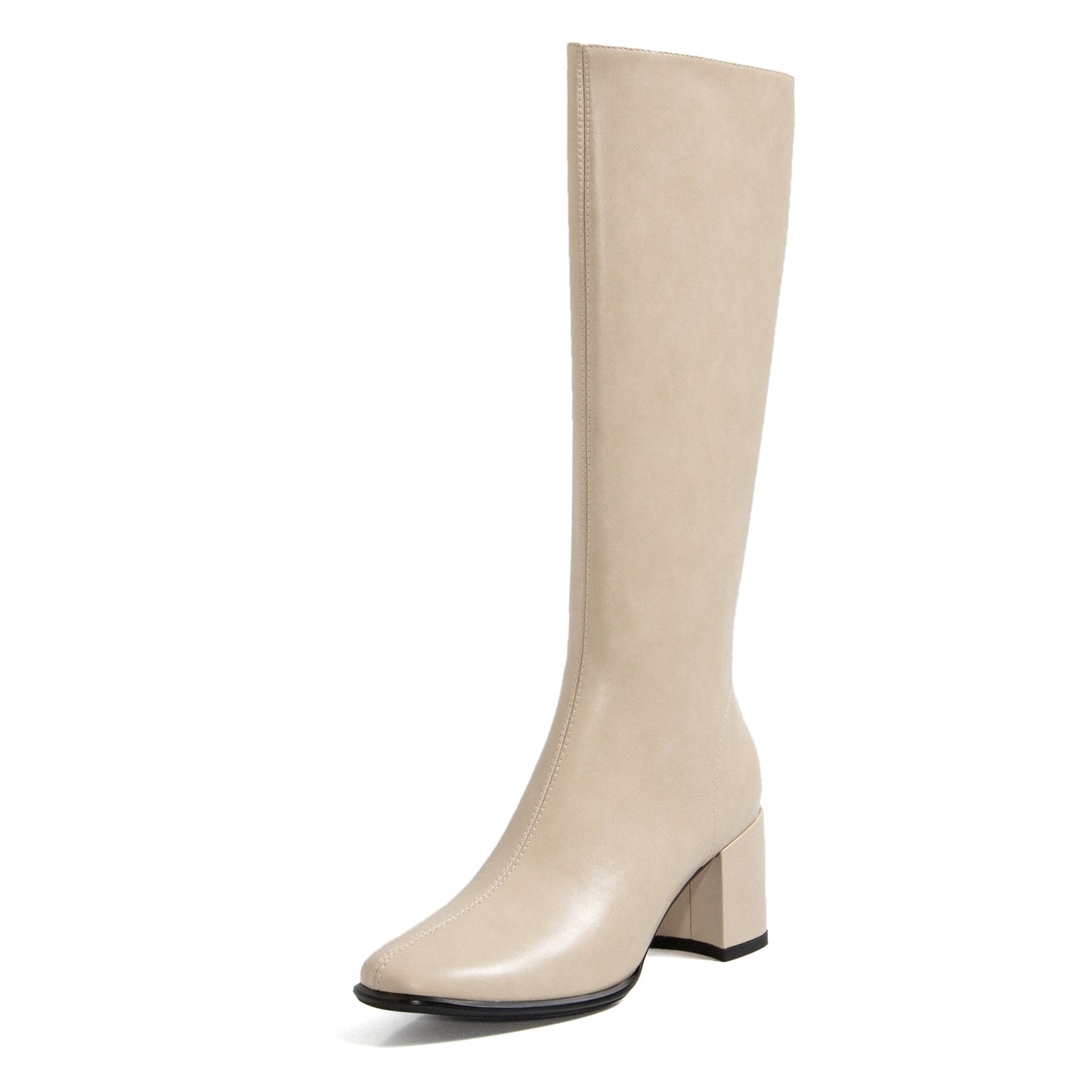 Nine Seven Women's Genuine Leather Handmade Square Toe Mid Chunky Heel Knee High Boots with Back Zipper