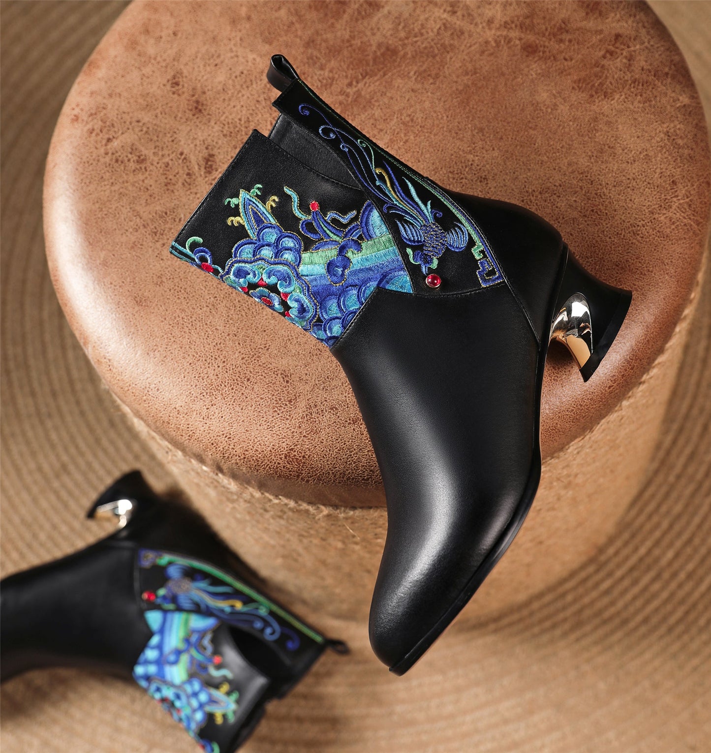 Nine Seven Handmade Women's Genuine Leather Ethnic Embroidered Pointed Toe Low Chunky Heel Side Zipper Mid-Calf Boots