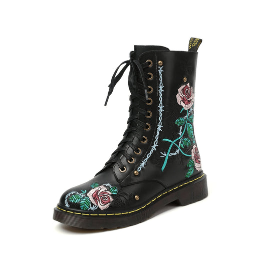Nine Seven Handmade Women's Genuine Leather Ethnic Embroidered Floral Round Toe Low Chunky Heel Front Lace Up Combat Boots