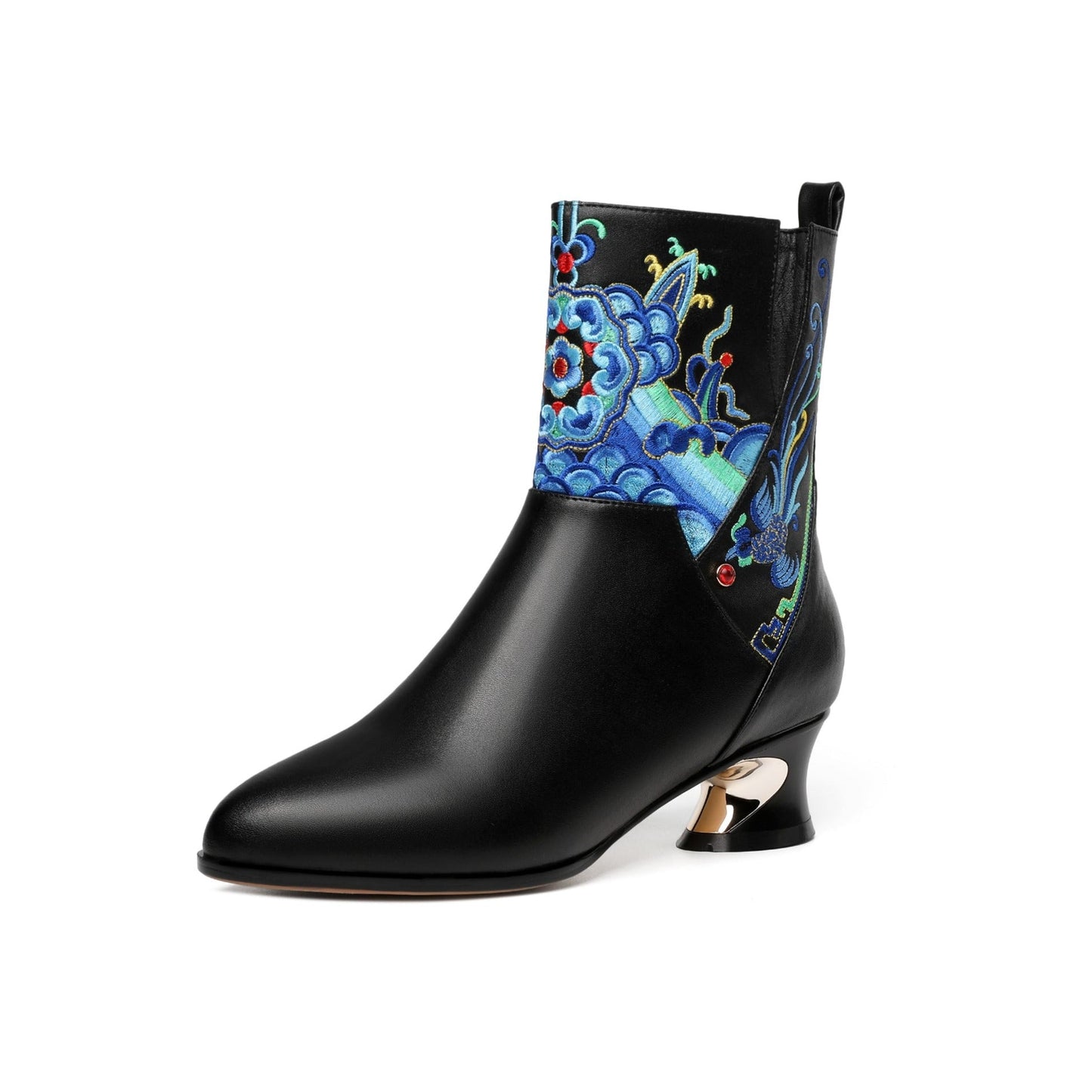 Nine Seven Handmade Women's Genuine Leather Ethnic Embroidered Pointed Toe Low Chunky Heel Side Zipper Mid-Calf Boots
