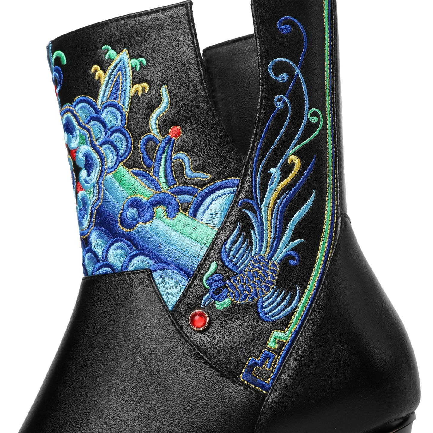 Nine Seven Handmade Women's Genuine Leather Ethnic Embroidered Pointed Toe Low Chunky Heel Side Zipper Mid-Calf Boots