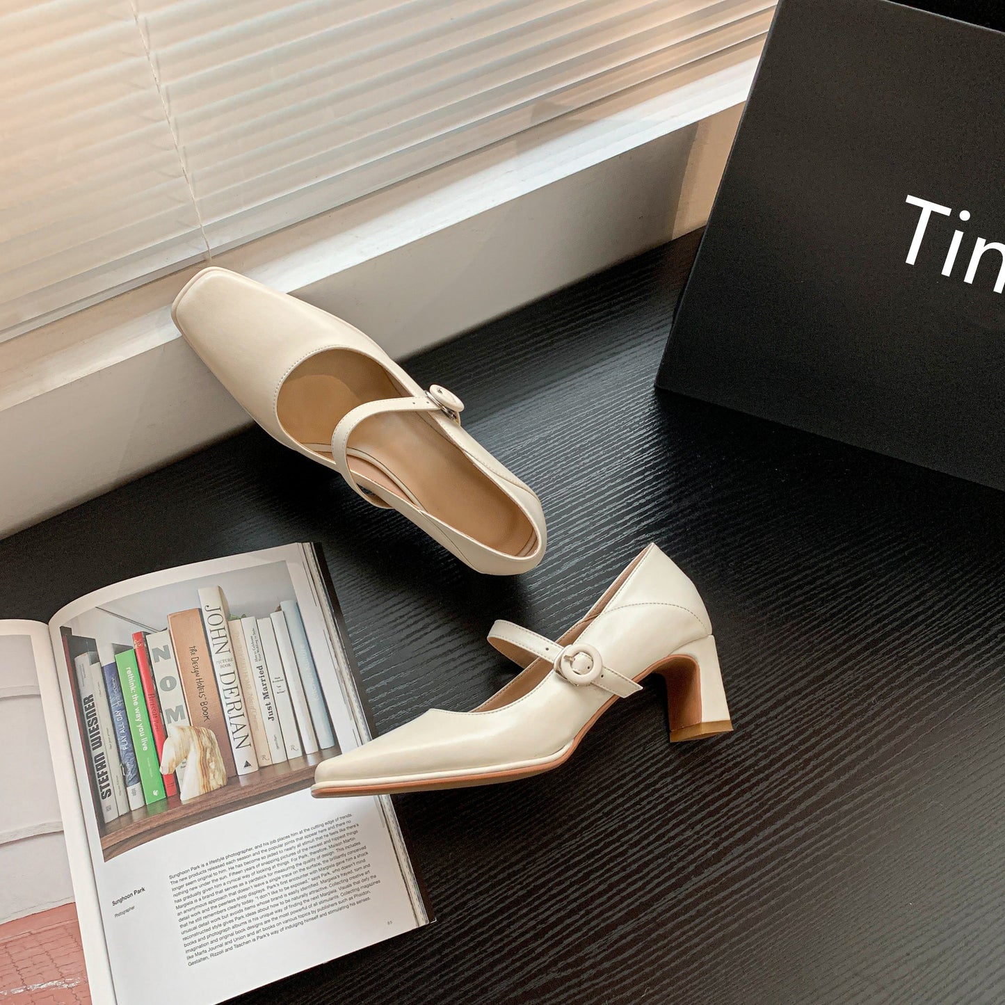 Nine Seven Women's Genuine Leather Handmade Classic Square Toe Mid Heel Buckle Closure Mary Jane Pumps