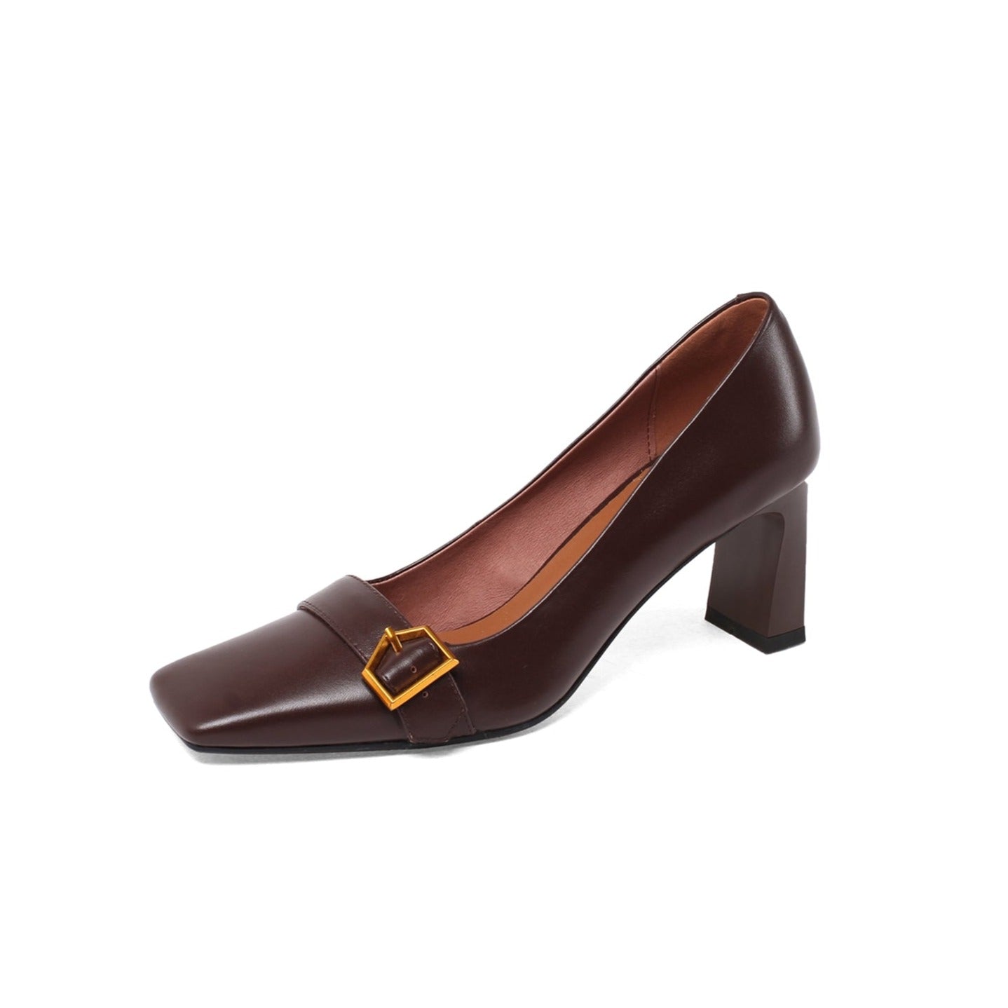 Nine Seven Women's Genuine Leather Square Toe Handmade Mid Chunky Heel Vintage Dress Pumps with Buckle