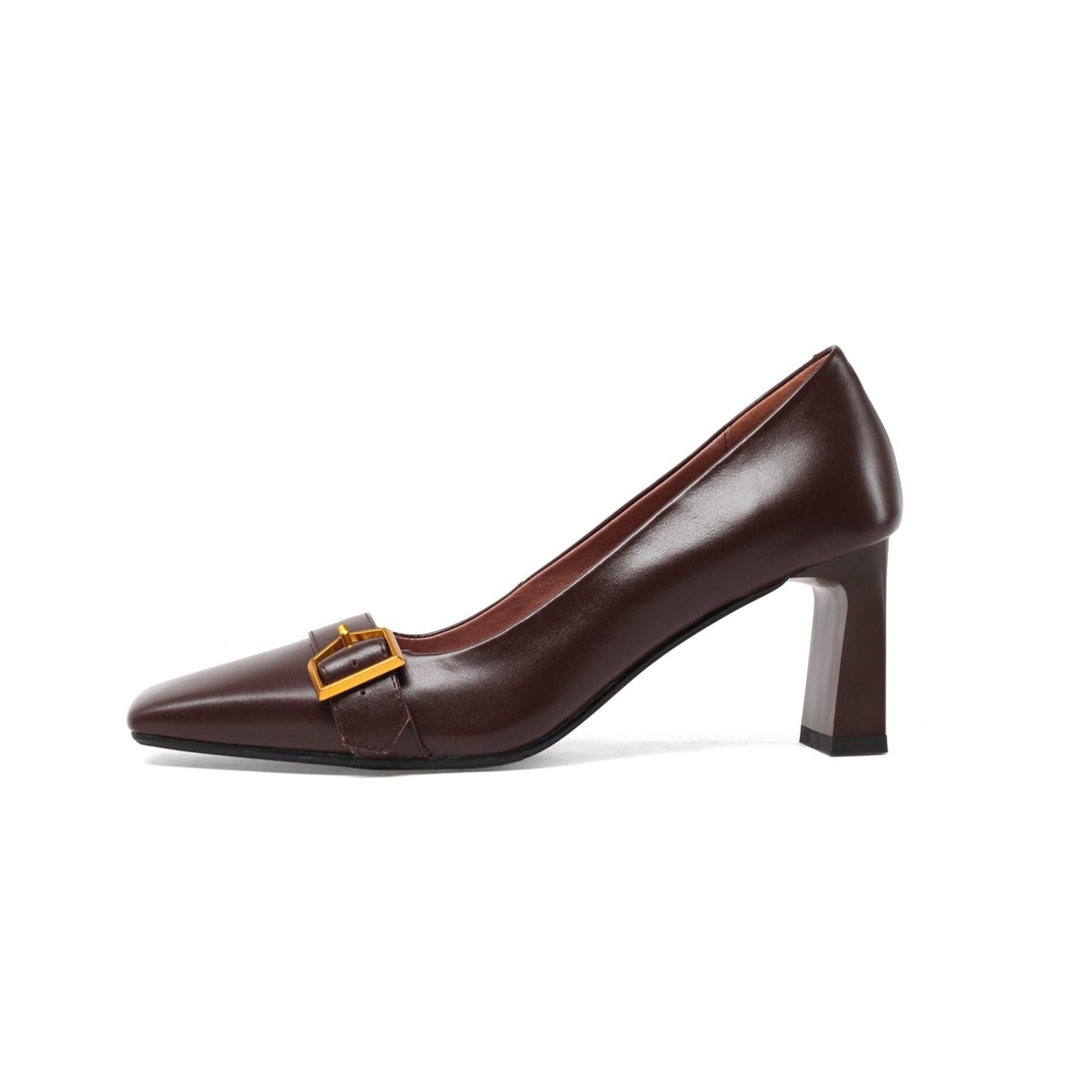 Nine Seven Women's Genuine Leather Square Toe Handmade Mid Chunky Heel Vintage Dress Pumps with Buckle