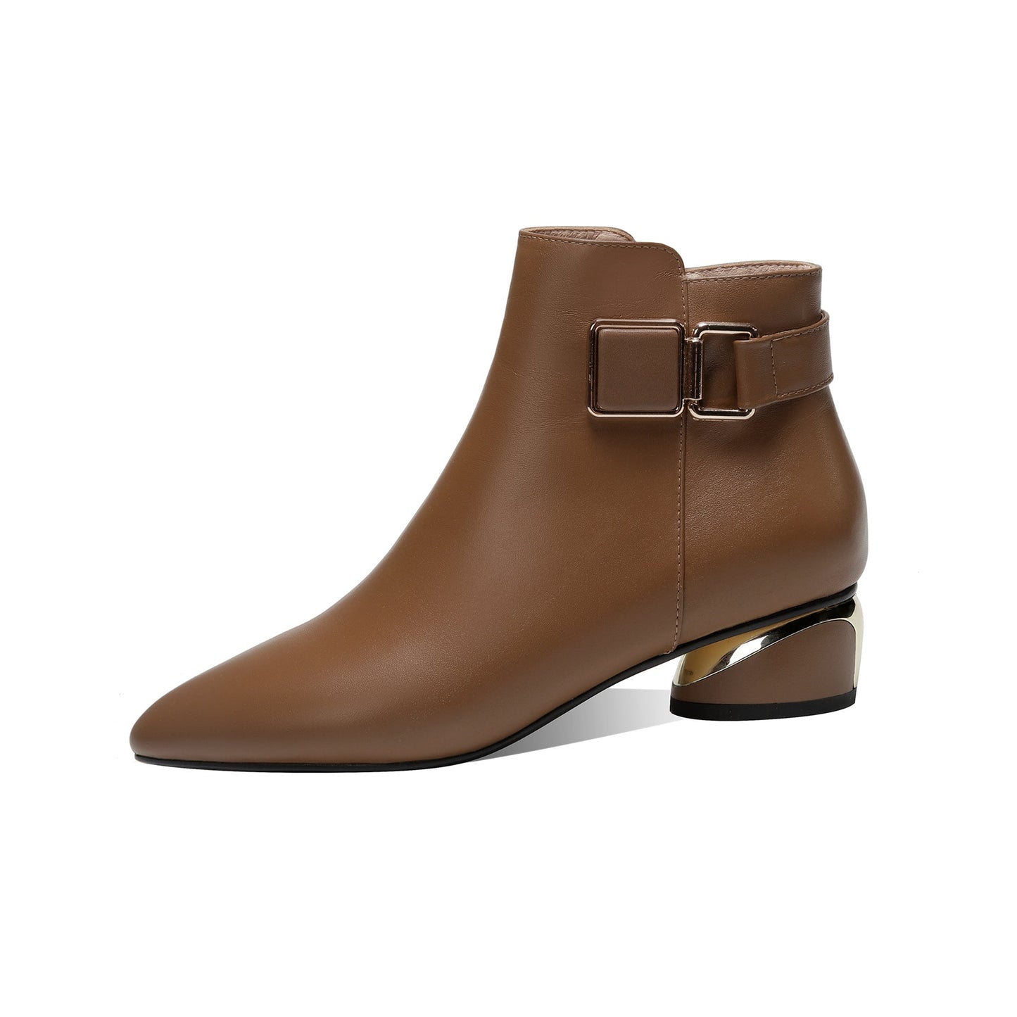 Nine Seven Women's Pointed Toe Genuine Leather Handmade Buckle Low Chunky Heels Side Zip Up Stylish Ankle Boots