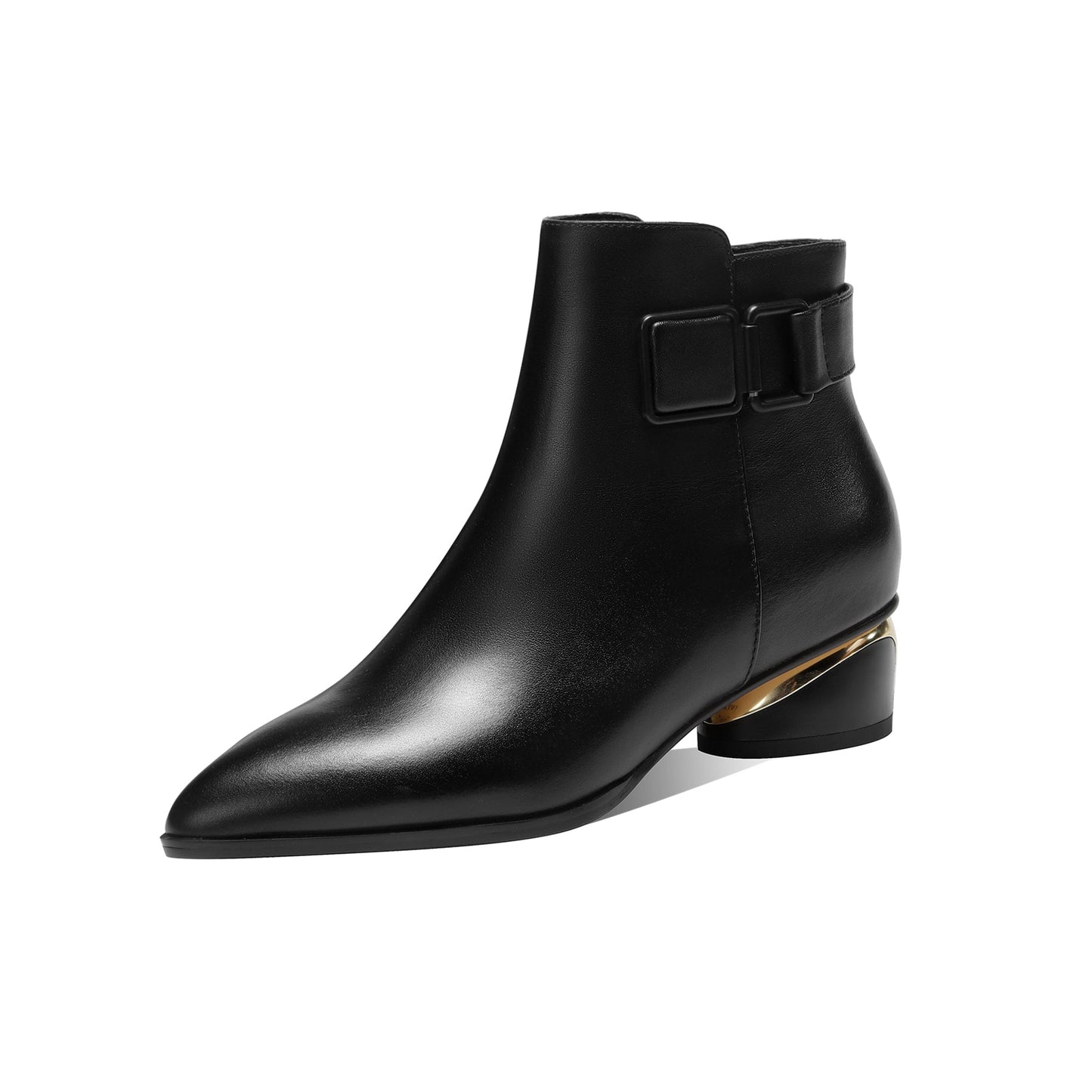 Nine Seven Women's Pointed Toe Genuine Leather Handmade Buckle Low Chunky Heels Side Zip Up Stylish Ankle Boots