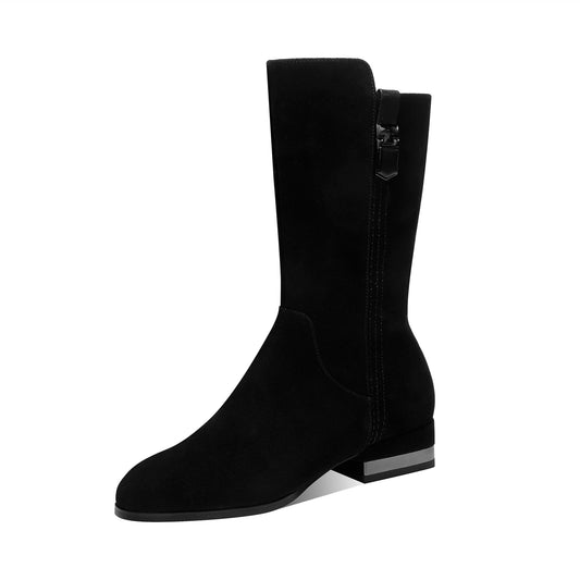 Nine Seven Women's Round Toe Suede Leather Handmade Zipper Comfort Flat Mid-Calf Boots