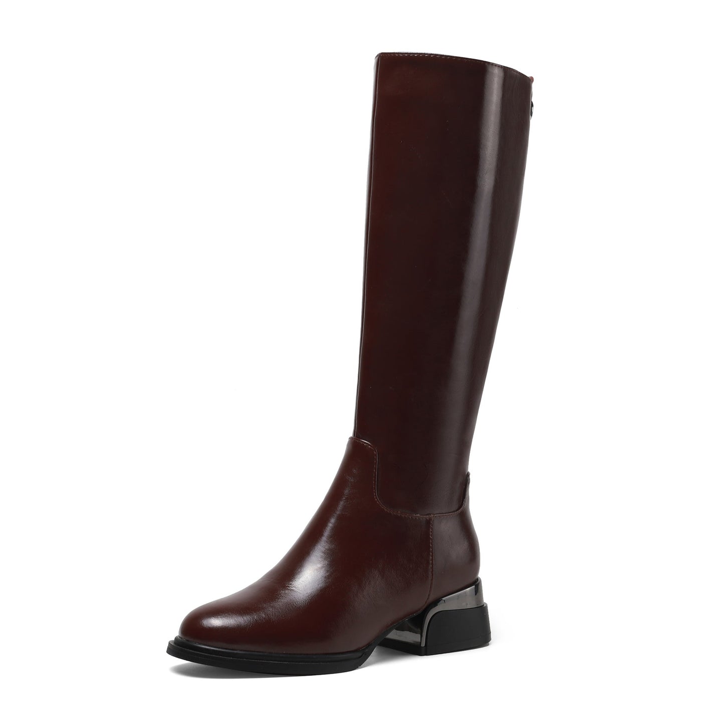 Nine Seven Women's Genuine Leather Handmade Side Zip Up Round Toe Mid Chunky Heel Knee High Riding Boots