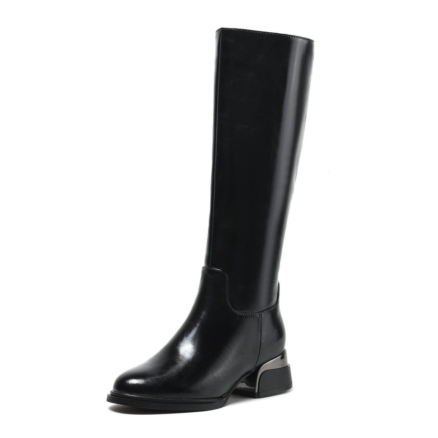 Nine Seven Women's Genuine Leather Handmade Side Zip Up Round Toe Mid Chunky Heel Knee High Riding Boots