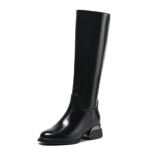 Nine Seven Women's Genuine Leather Handmade Side Zip Up Round Toe Mid Chunky Heel Knee High Riding Boots