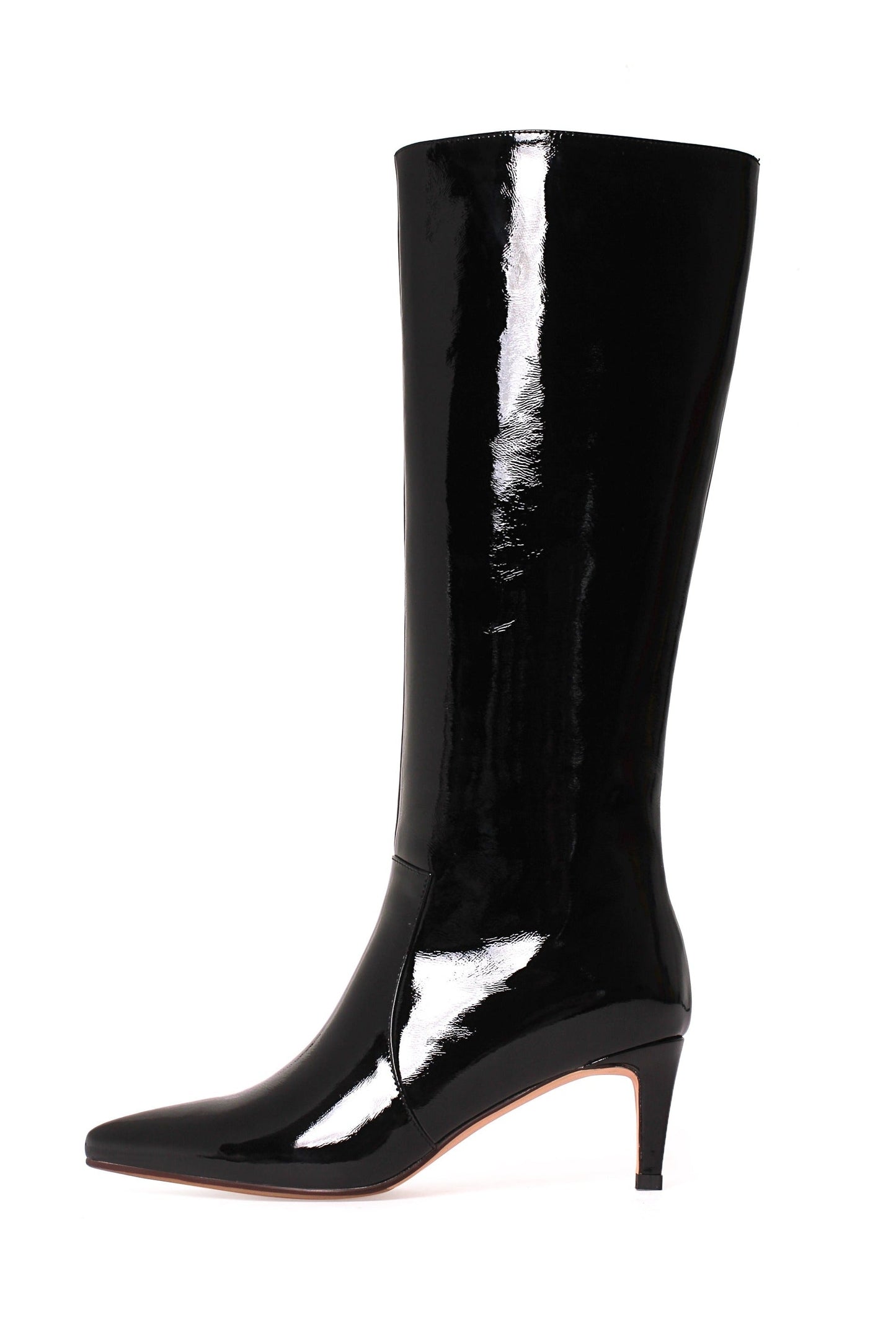 Nine Seven Women's Glossy Patent Leather Handmade Stiletto Mid Heel Pointed Toe Side Zipper Knee High Boots