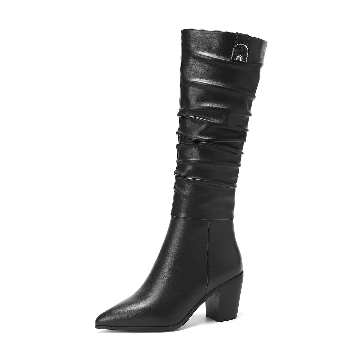 Nine Seven Women's Genuine Leather Pointed Toe Handmade Chunky Heel Zip Up Stylish Crumpled Knee High Boots