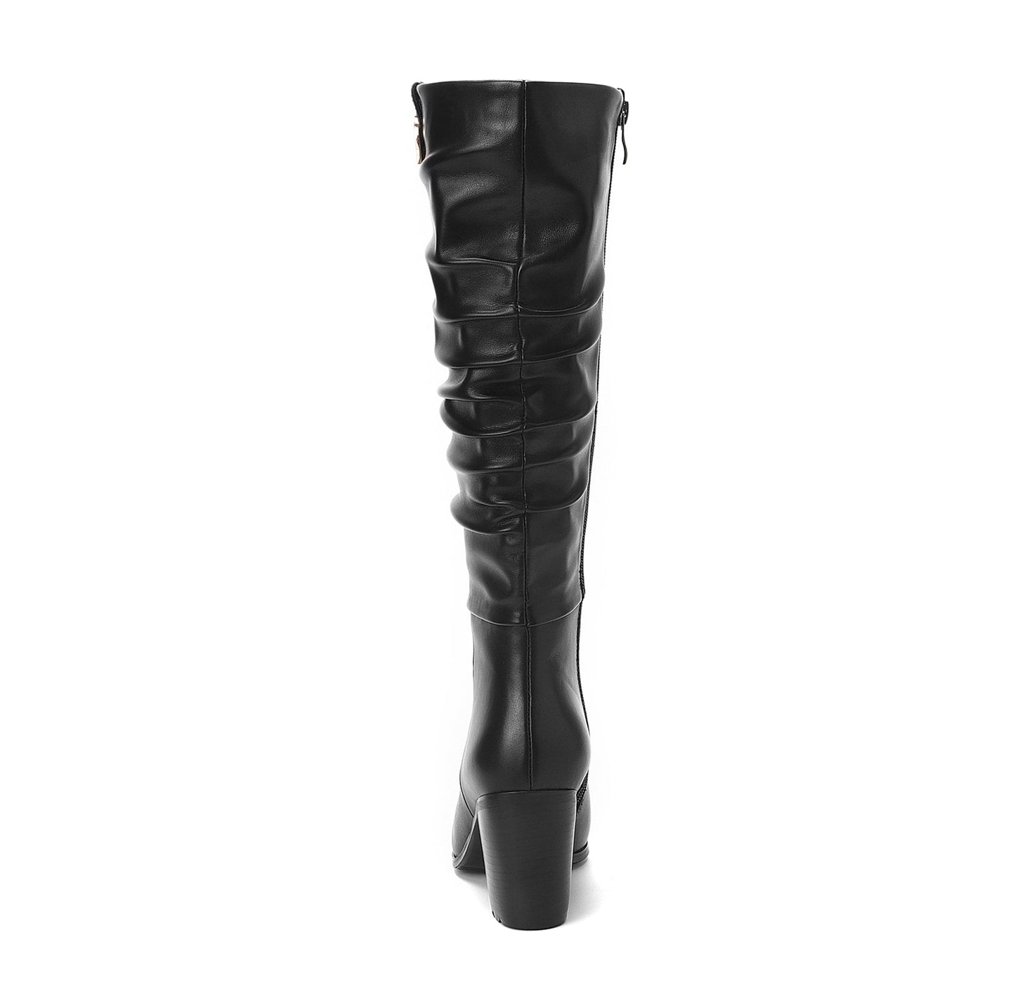 Nine Seven Women's Genuine Leather Pointed Toe Handmade Chunky Heel Zip Up Stylish Crumpled Knee High Boots