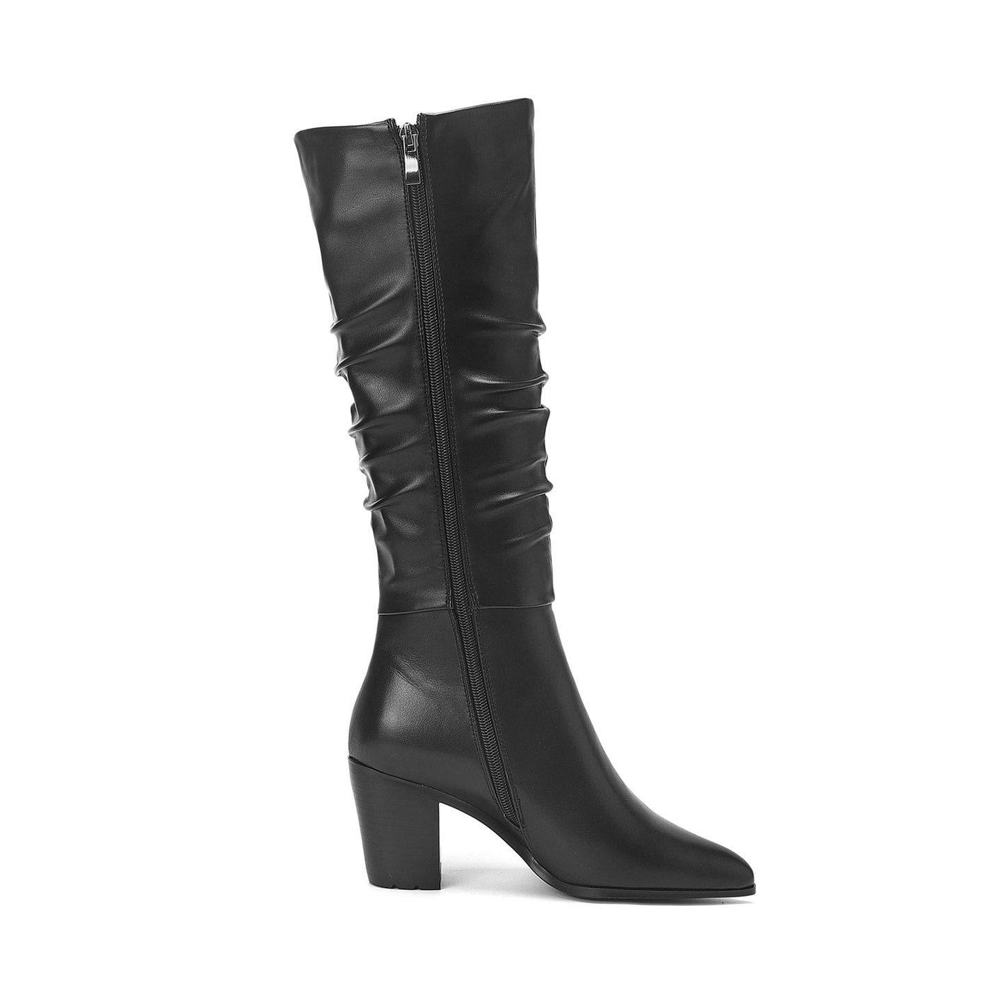 Nine Seven Women's Genuine Leather Pointed Toe Handmade Chunky Heel Zip Up Stylish Crumpled Knee High Boots
