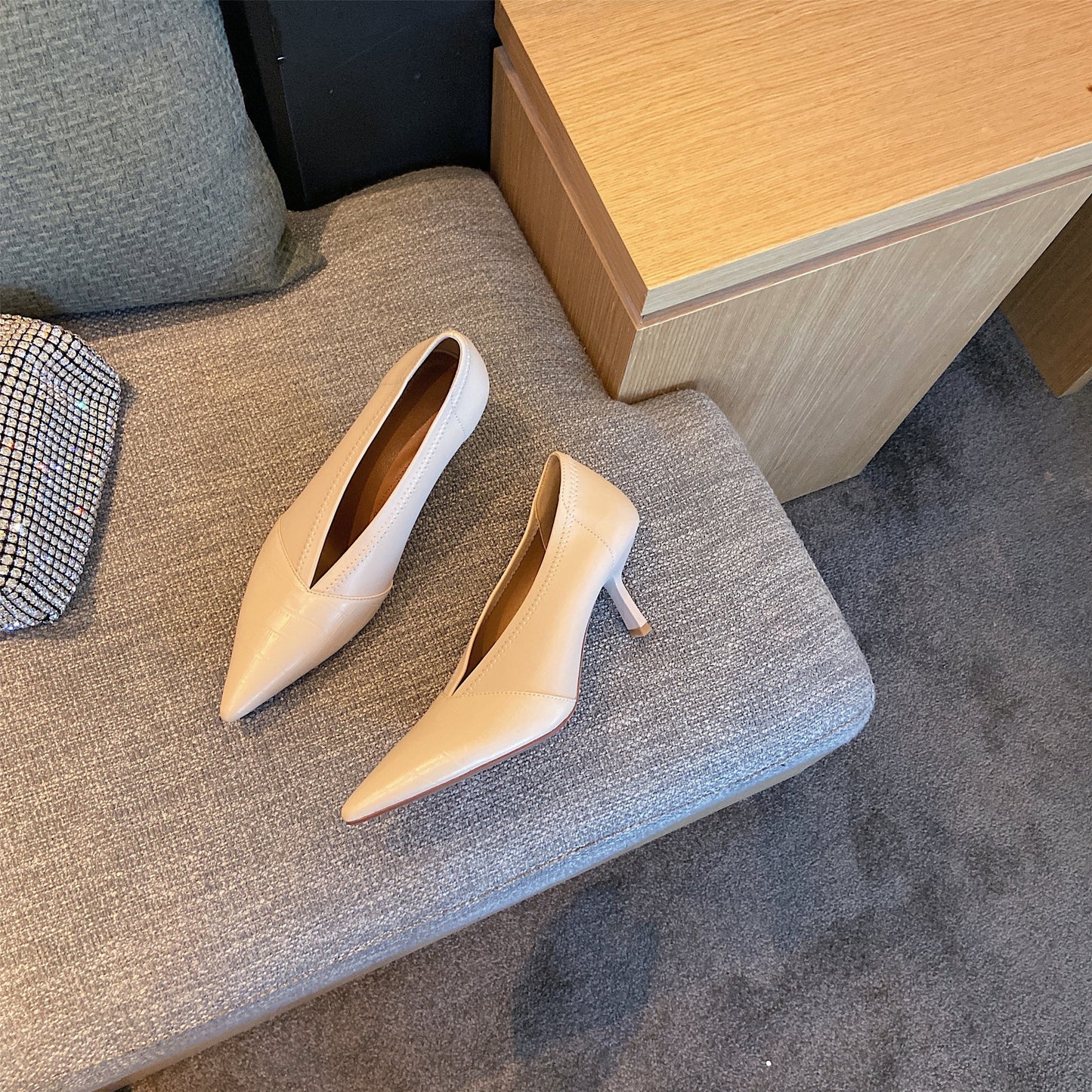 Nine Seven Genuine Leather Women's Handmade Clear Pointed Toe Mid Stiletto Heel Stylish Slip On Loafer Pump Shoes