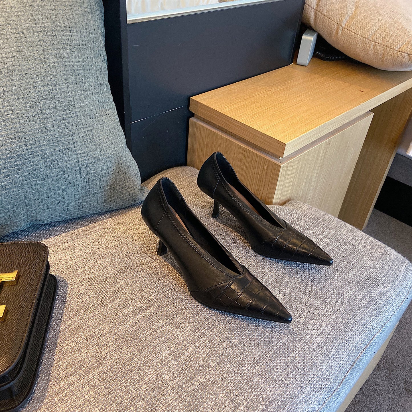 Nine Seven Genuine Leather Women's Handmade Clear Pointed Toe Mid Stiletto Heel Stylish Slip On Loafer Pump Shoes