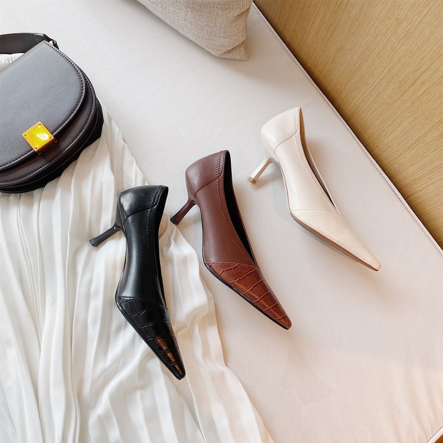 Nine Seven Genuine Leather Women's Handmade Clear Pointed Toe Mid Stiletto Heel Stylish Slip On Loafer Pump Shoes