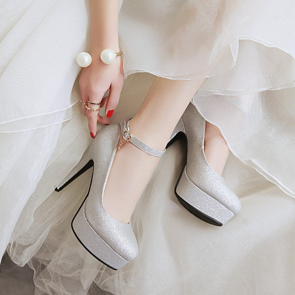 Nine Seven Women's Handmade Sparkly High Stileto Heel Ankle Buckle Platfoem Pumps Shoes