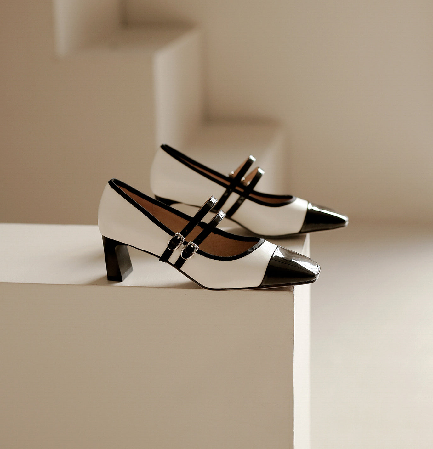 Nine Seven Patent and Genuine Leather Women's Handmade Cap-Toe Mid Heel Assorted Color Mary Jane Pumps with Double Buckles