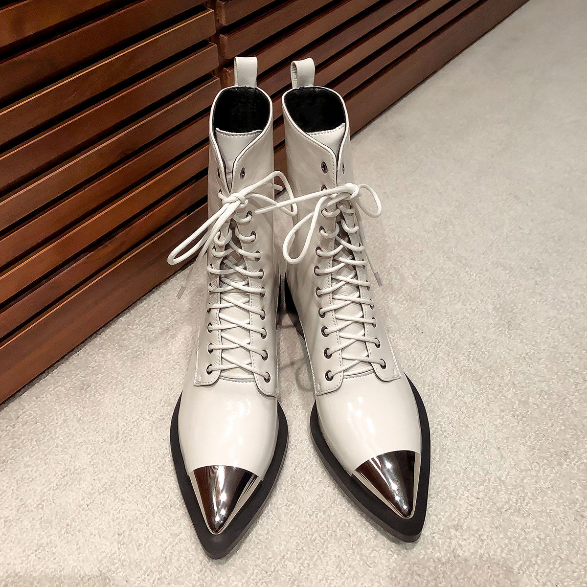 Nine Seven Women's Patent Leather Low Chunky Heel Lace Up Handmade Cap Toe Mid Calf Boots