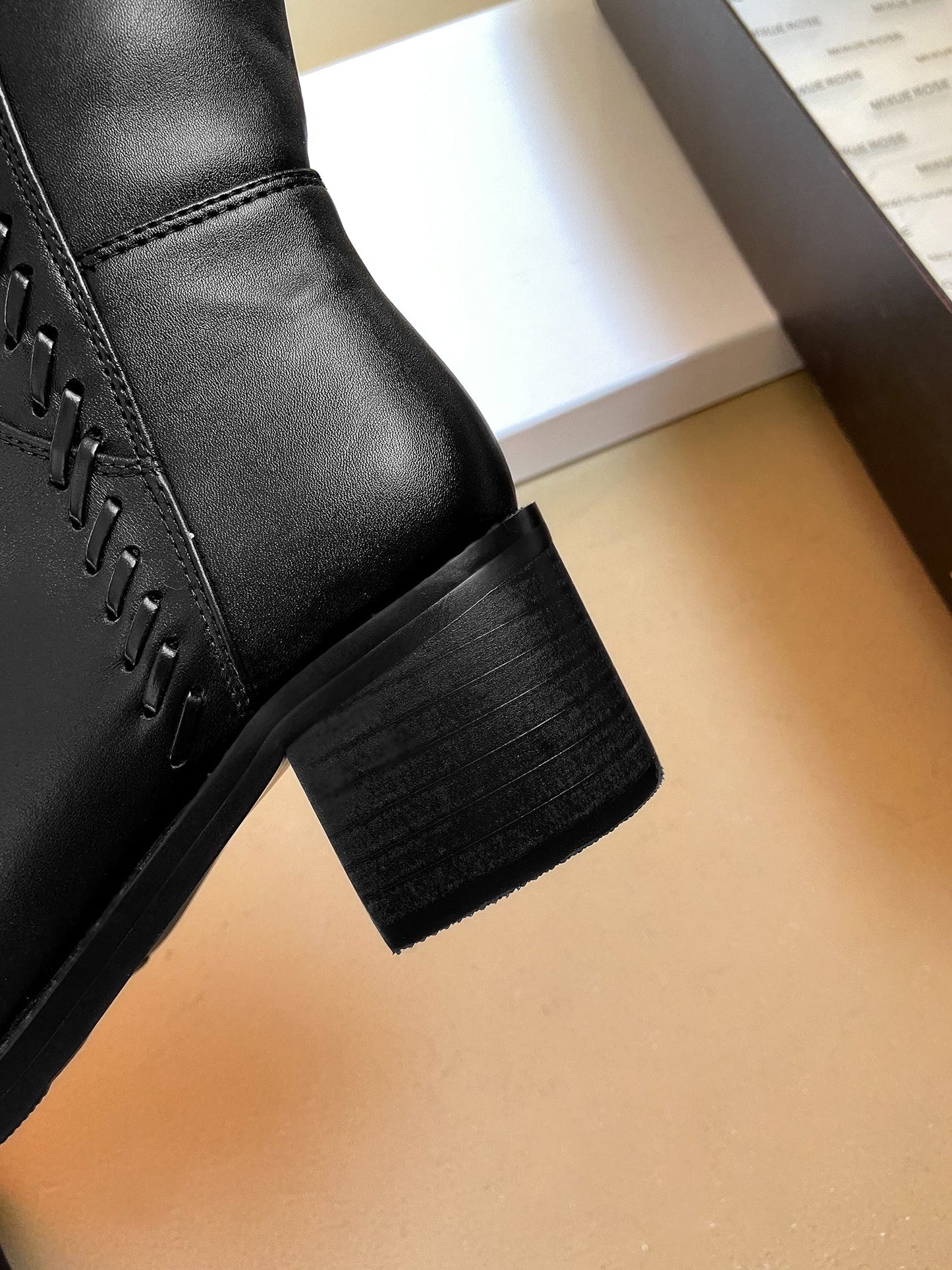 Nine Seven Women's Handmade Genuine Leather Round Toe Mid Block Heel Side Zip Up Black Knee High Boots