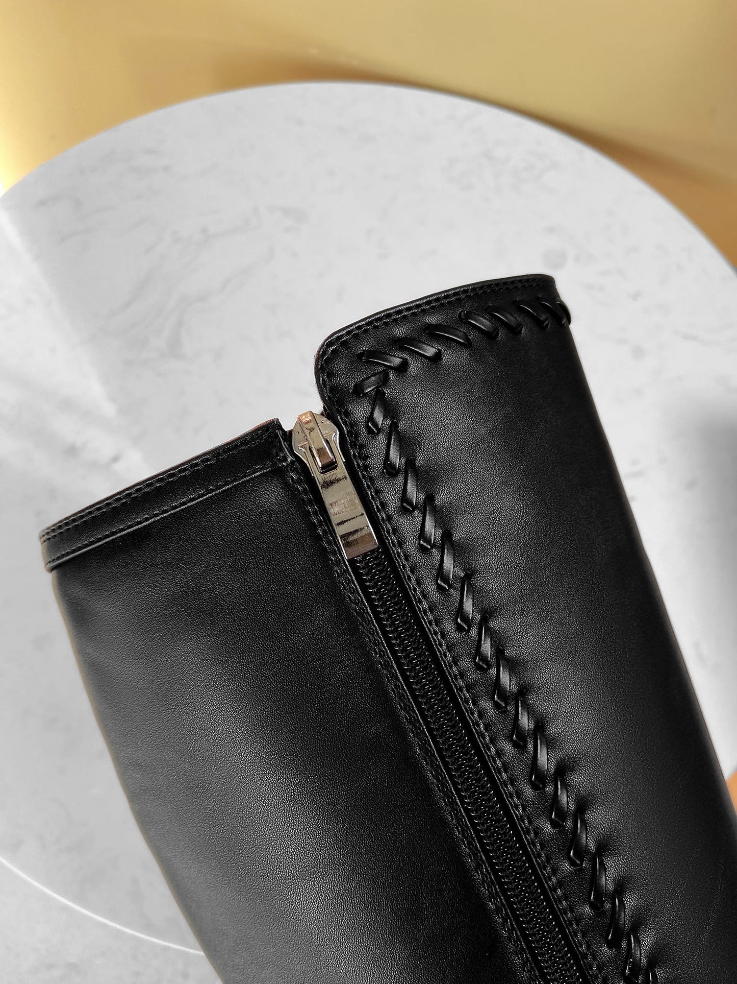 Nine Seven Women's Handmade Genuine Leather Round Toe Mid Block Heel Side Zip Up Black Knee High Boots