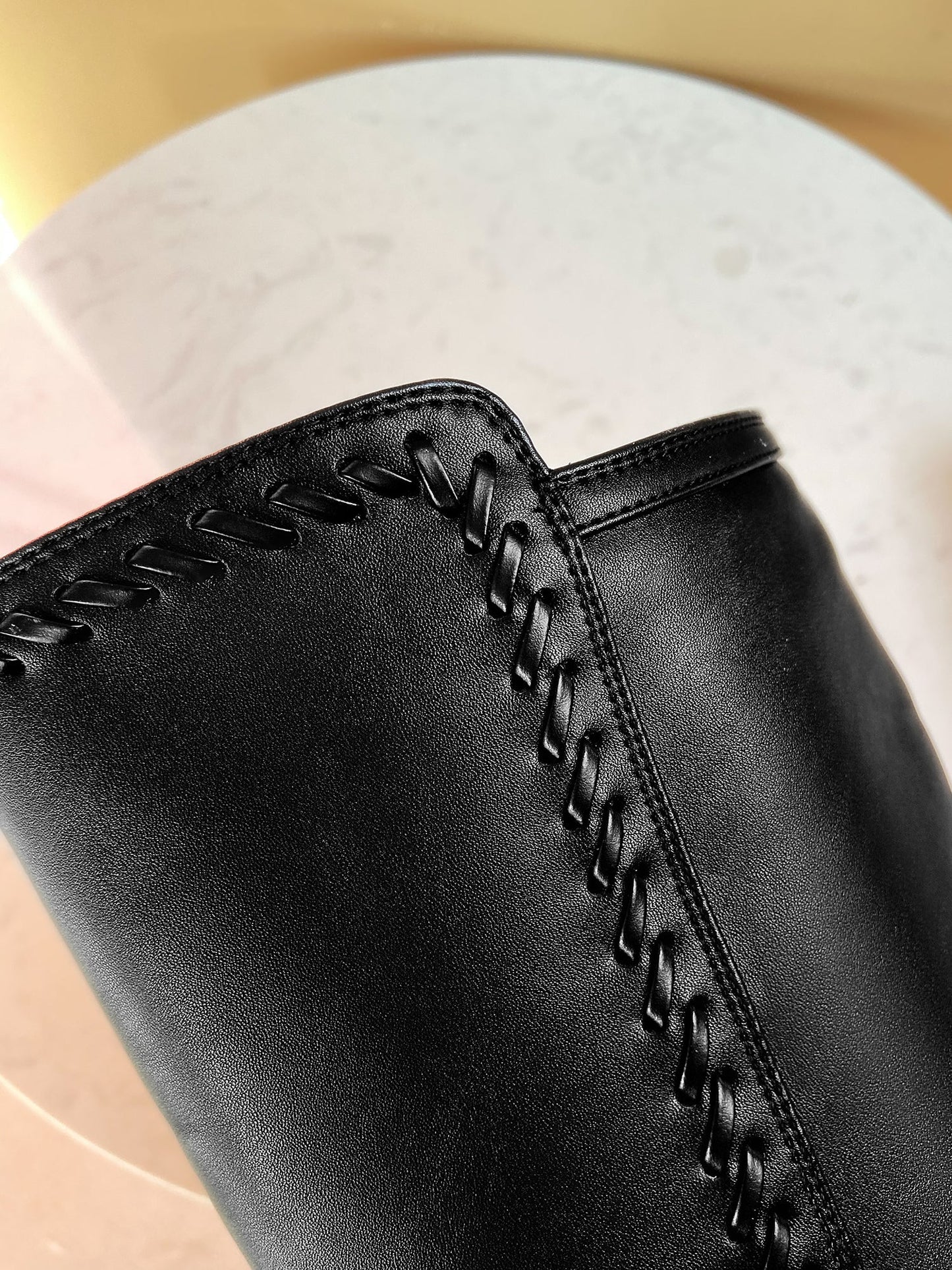 Nine Seven Women's Handmade Genuine Leather Round Toe Mid Block Heel Side Zip Up Black Knee High Boots