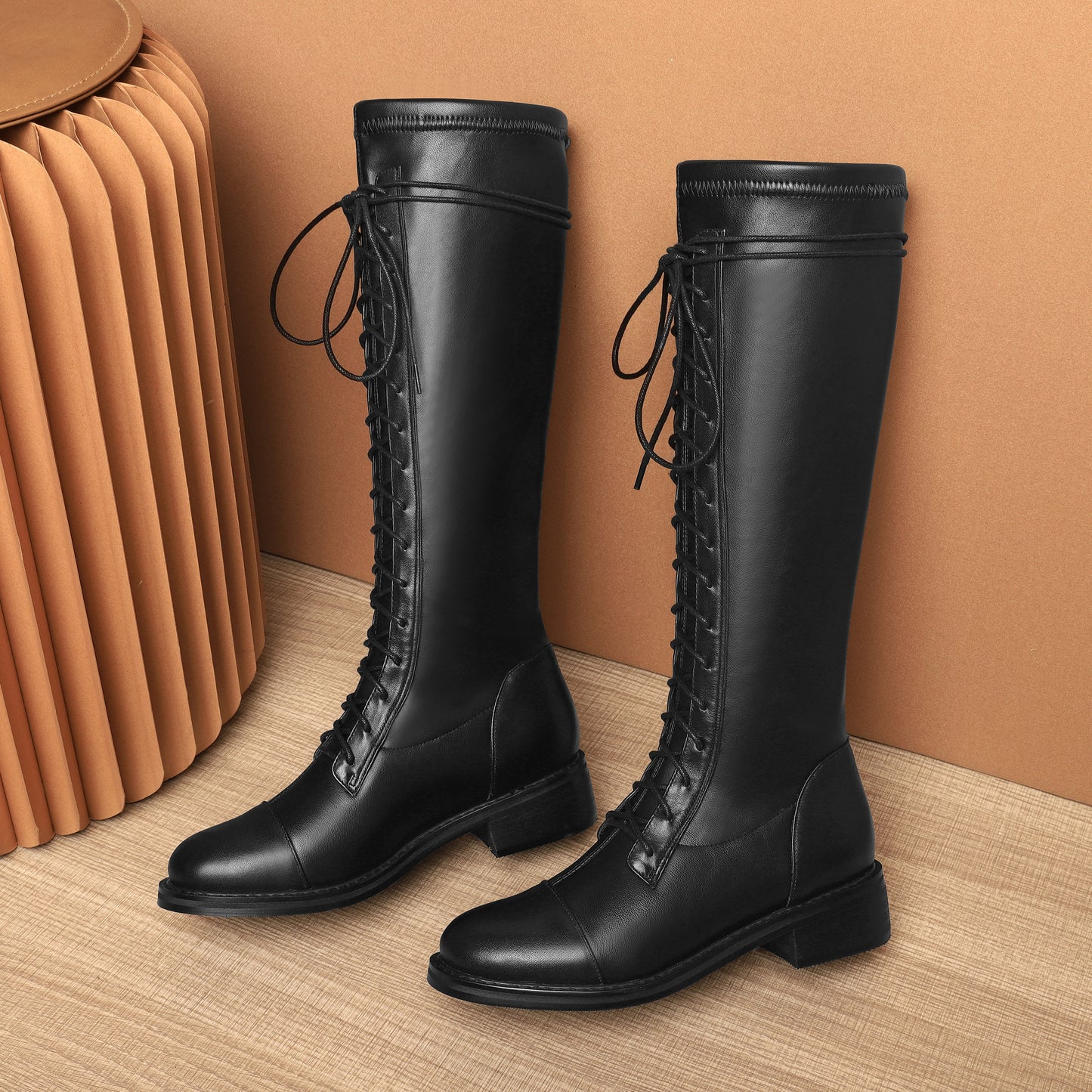 Nine Seven Women's Round Toe Genuine Leather Handmade Selftie Low Chunky Heel Cool Knee High Boots