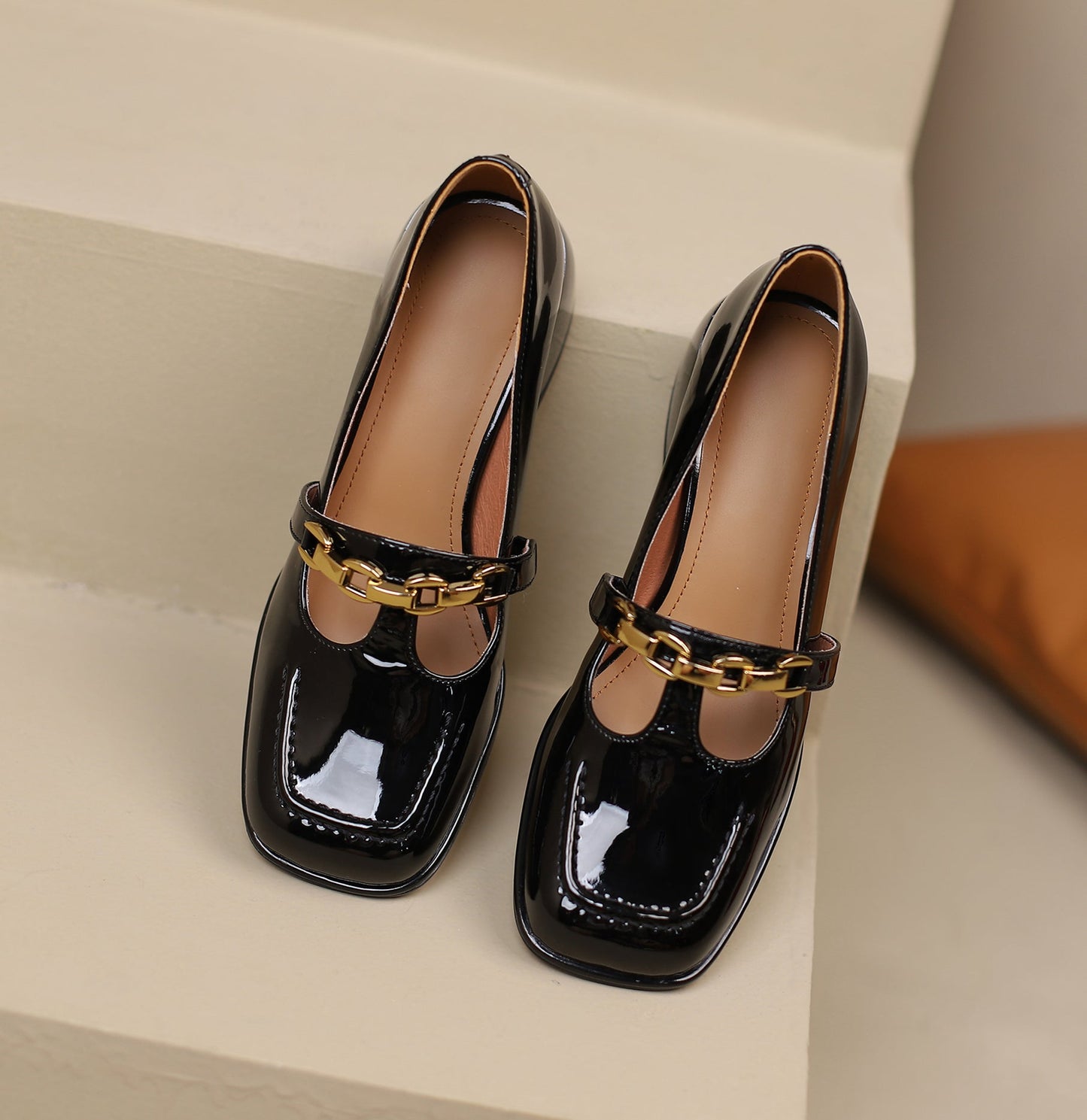 Nine Seven Handmade Women's Patent Leather Chain T-Strap Square Toe Low Chunky Heel Mary Janes Pumps Shoes