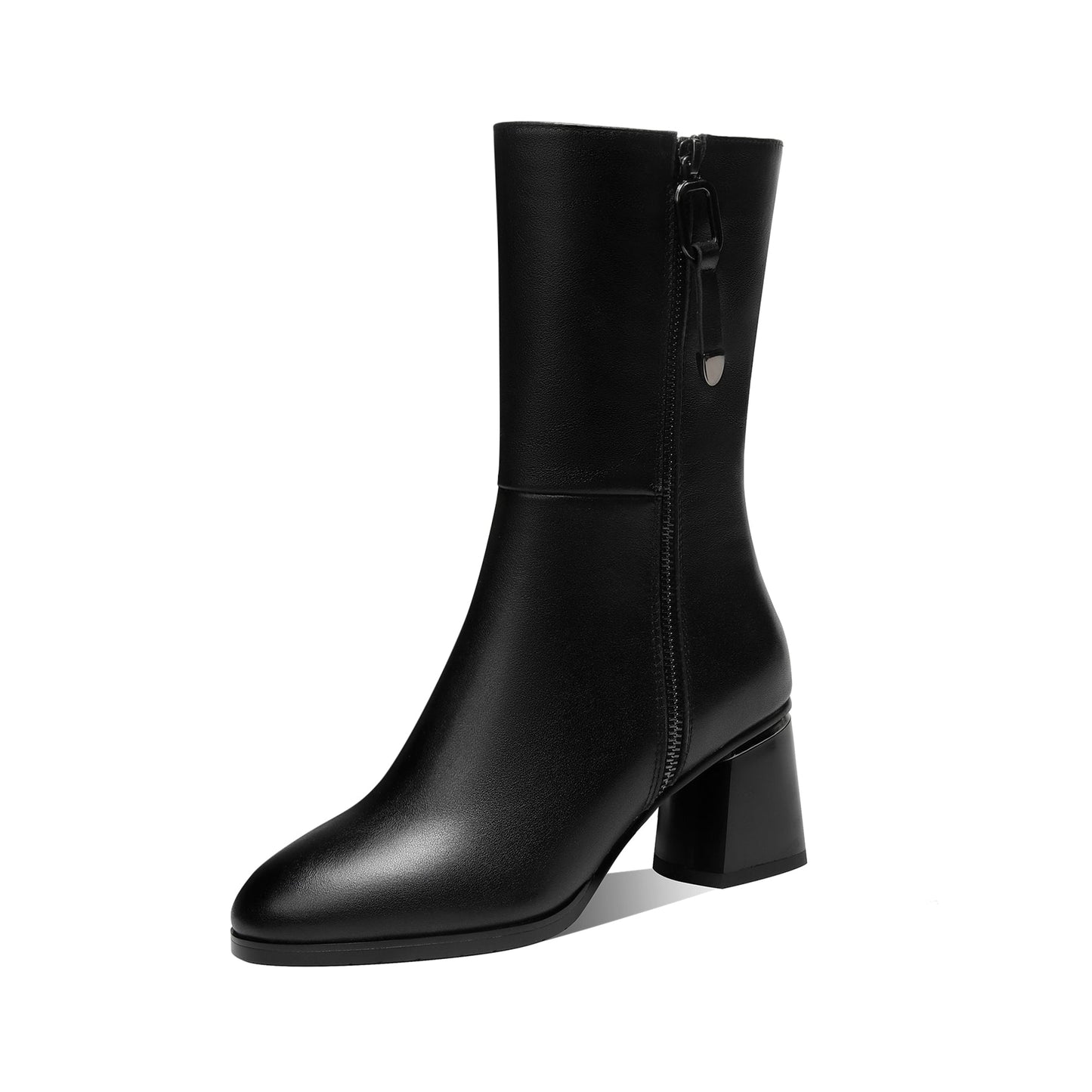 Nine Seven Women's Round Toe Genuine Leather Handmade Dual Zippers Chunky Heels Classic Mid-Calf Boots