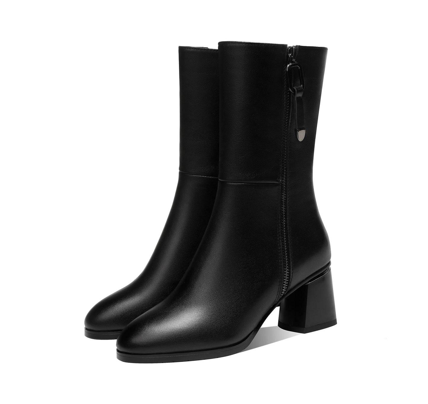 Nine Seven Women's Round Toe Genuine Leather Handmade Dual Zippers Chunky Heels Classic Mid-Calf Boots