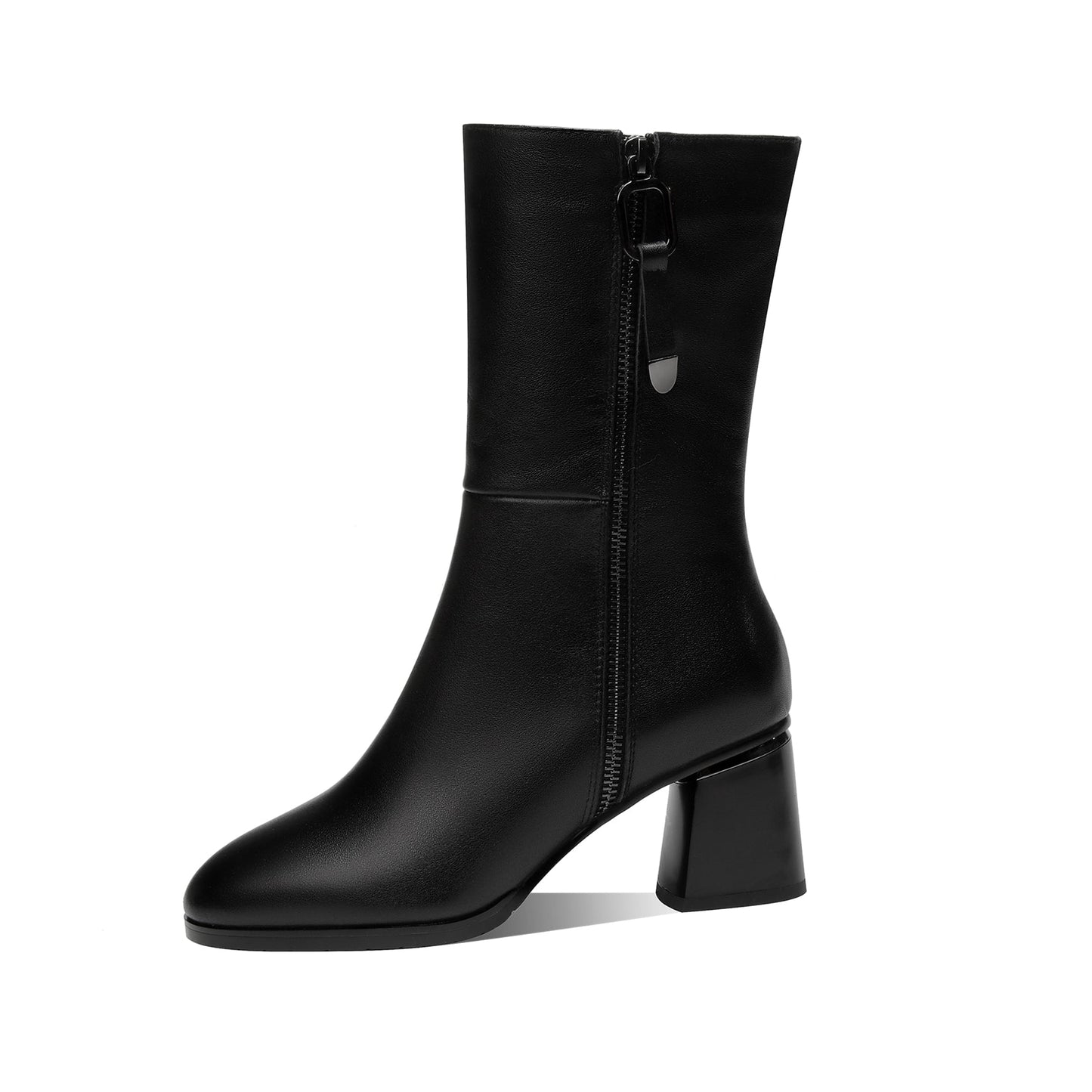 Nine Seven Women's Round Toe Genuine Leather Handmade Dual Zippers Chunky Heels Classic Mid-Calf Boots