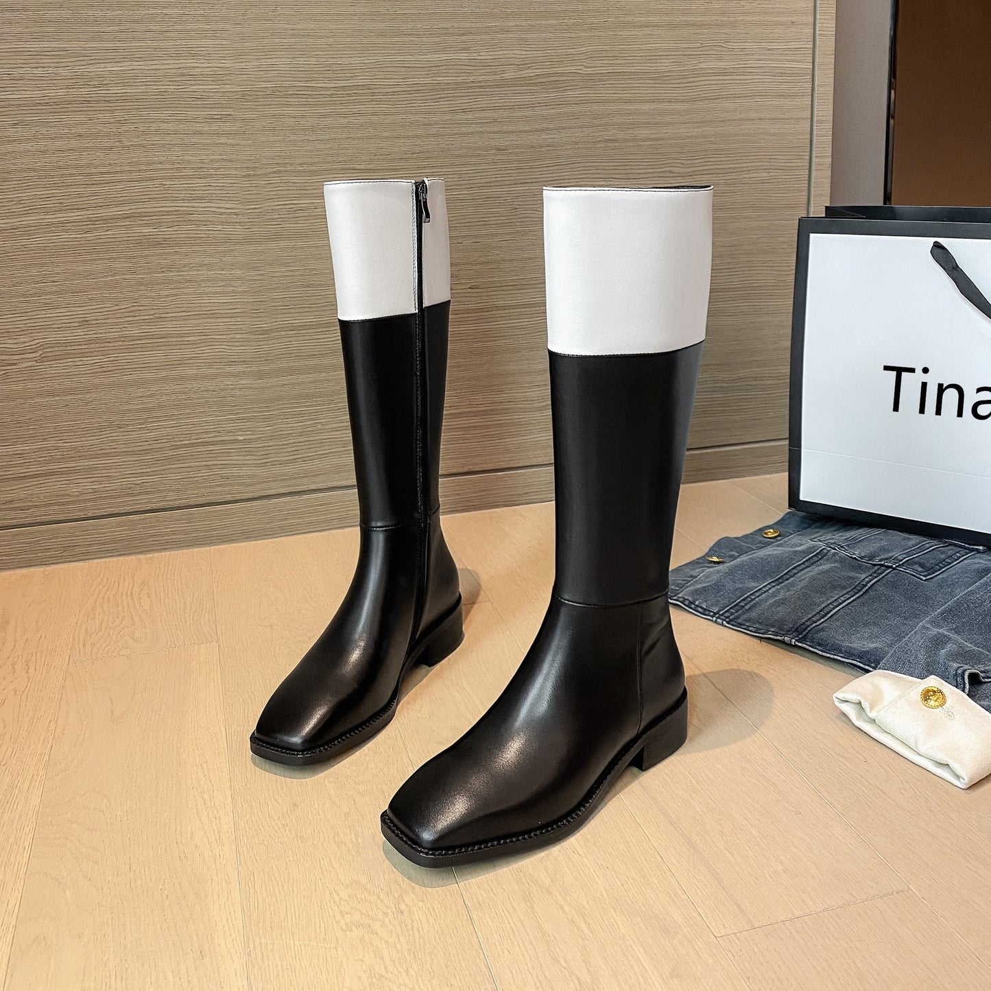 Nine Seven Handmade Women's Genuine Leather Comfortable Chunky Heel Side Zip Up Classic Square Toe Stylish Knee-High Boots