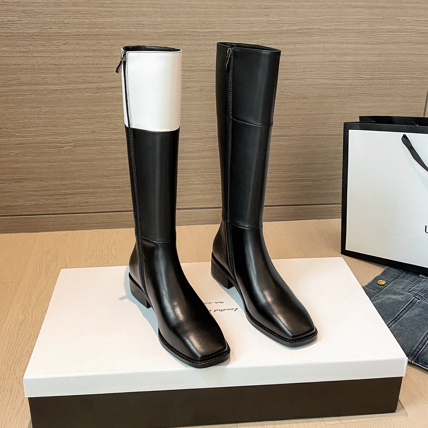 Nine Seven Handmade Women's Genuine Leather Comfortable Chunky Heel Side Zip Up Classic Square Toe Stylish Knee-High Boots